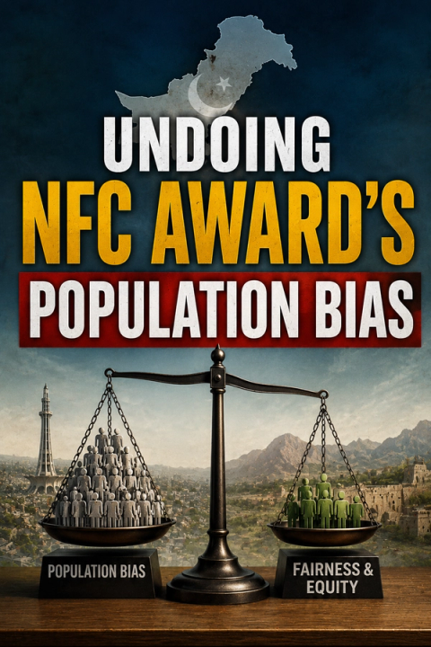 Map of Pakistan with title "UNDOING NFC AWARD'S POPULATION BIAS" above an imbalanced scale of justice. The pan labeled "POPULATION BIAS" is heavily weighted with many figures, while the pan labeled "FAIRNESS & EQUITY" is lightly weighted with few figures.