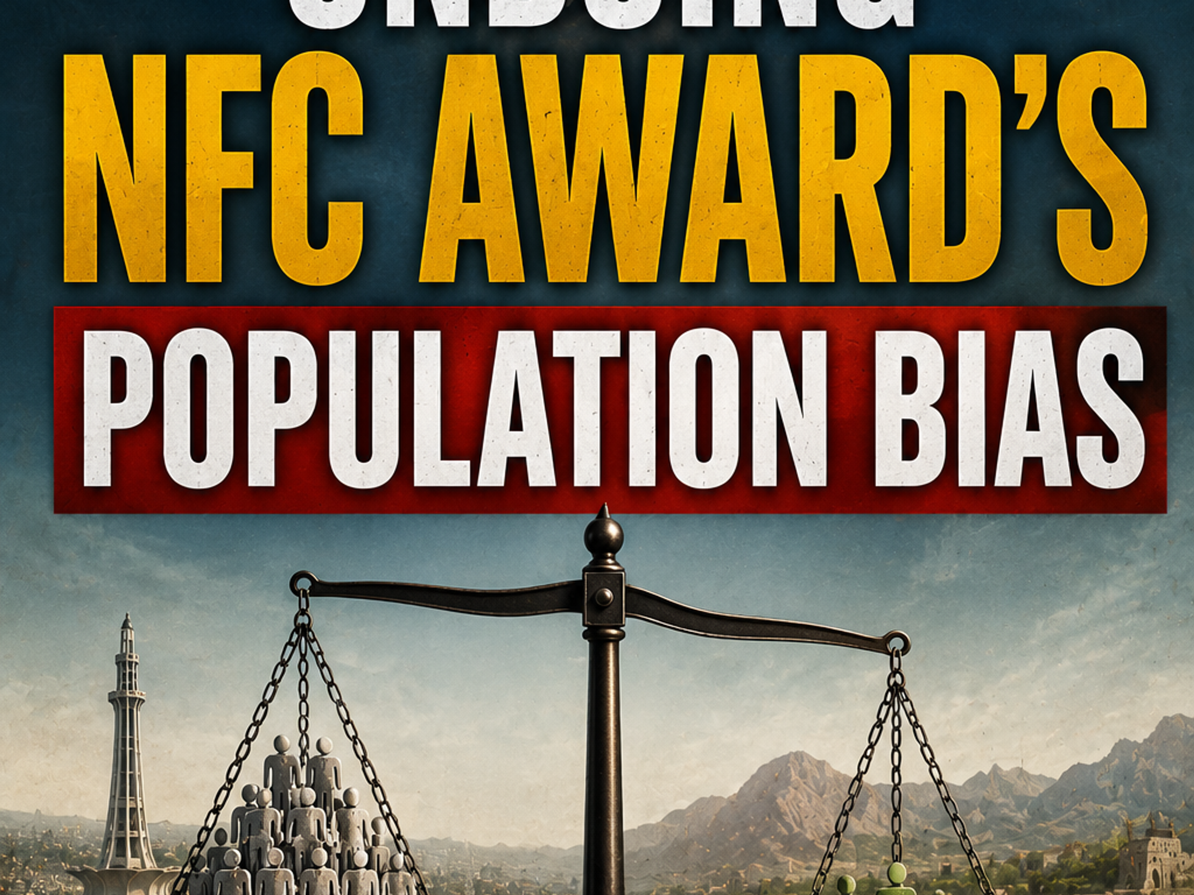 Map of Pakistan with title "UNDOING NFC AWARD'S POPULATION BIAS" above an imbalanced scale of justice. The pan labeled "POPULATION BIAS" is heavily weighted with many figures, while the pan labeled "FAIRNESS & EQUITY" is lightly weighted with few figures.