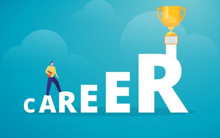 Person walking up the word 'CAREER' as steps toward a golden trophy.