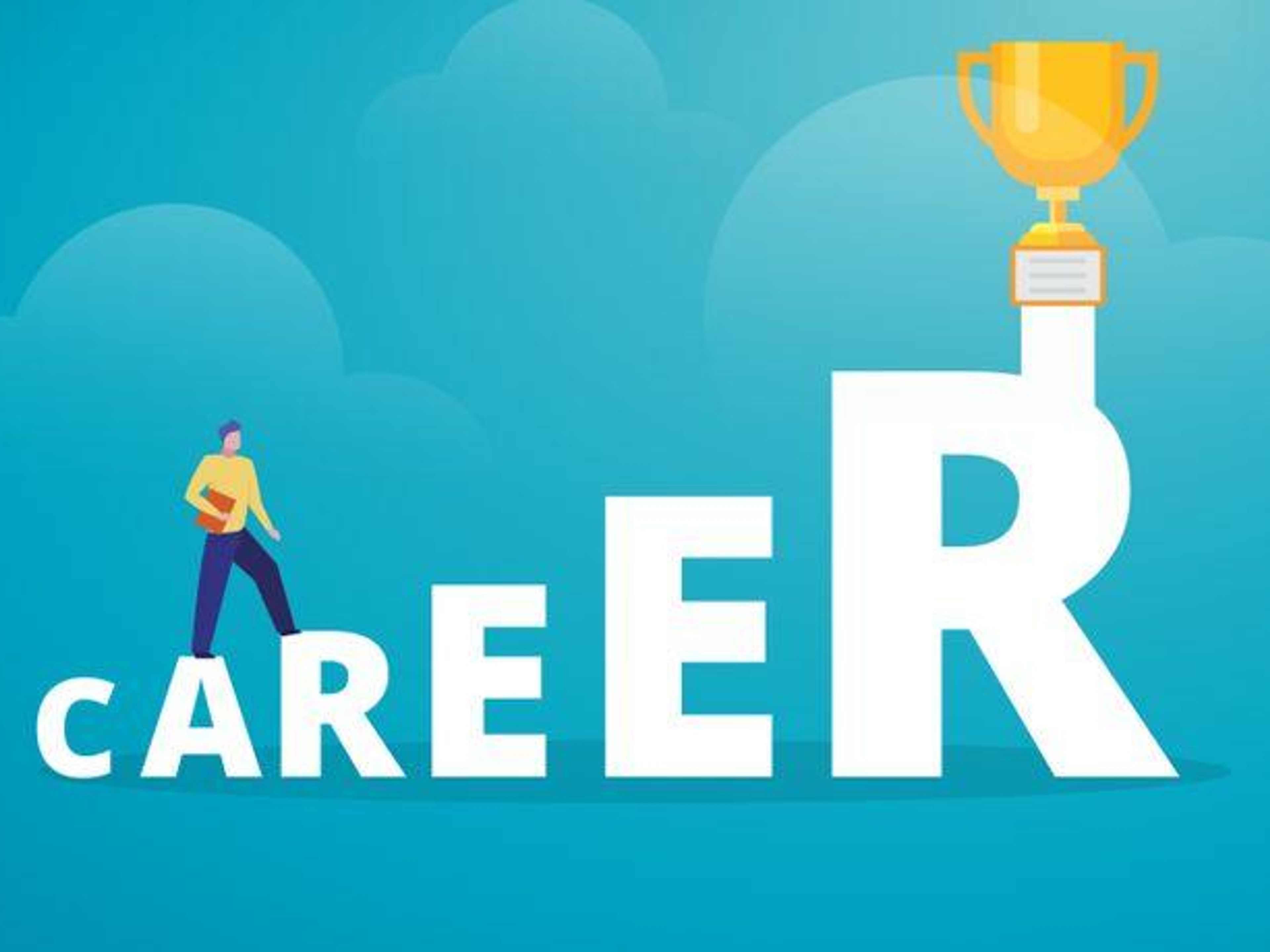 Person walking up the word 'CAREER' as steps toward a golden trophy.