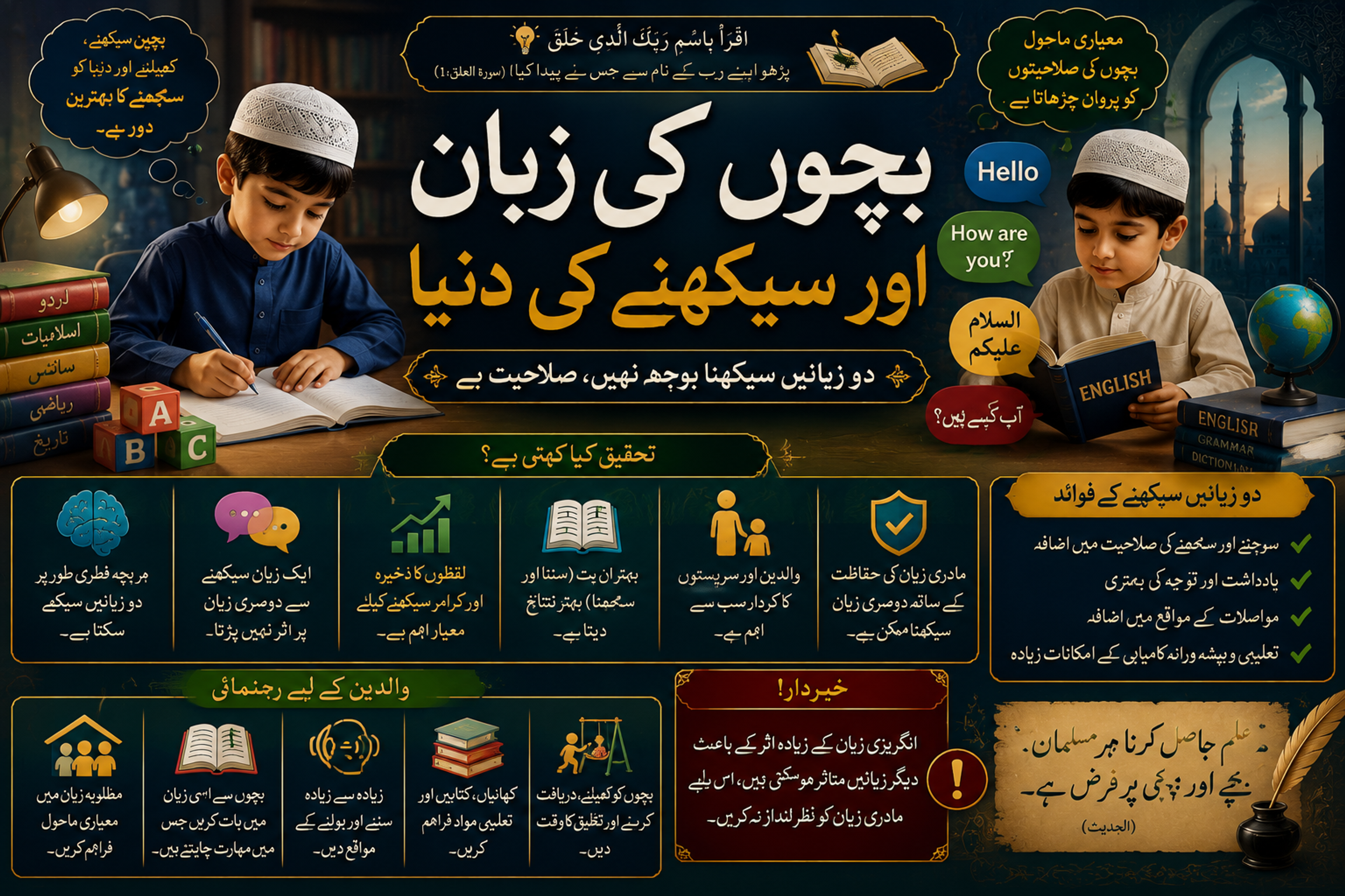 Urdu infographic on children's language learning, featuring two boys studying, and outlining benefits of bilingualism and parental guidance.