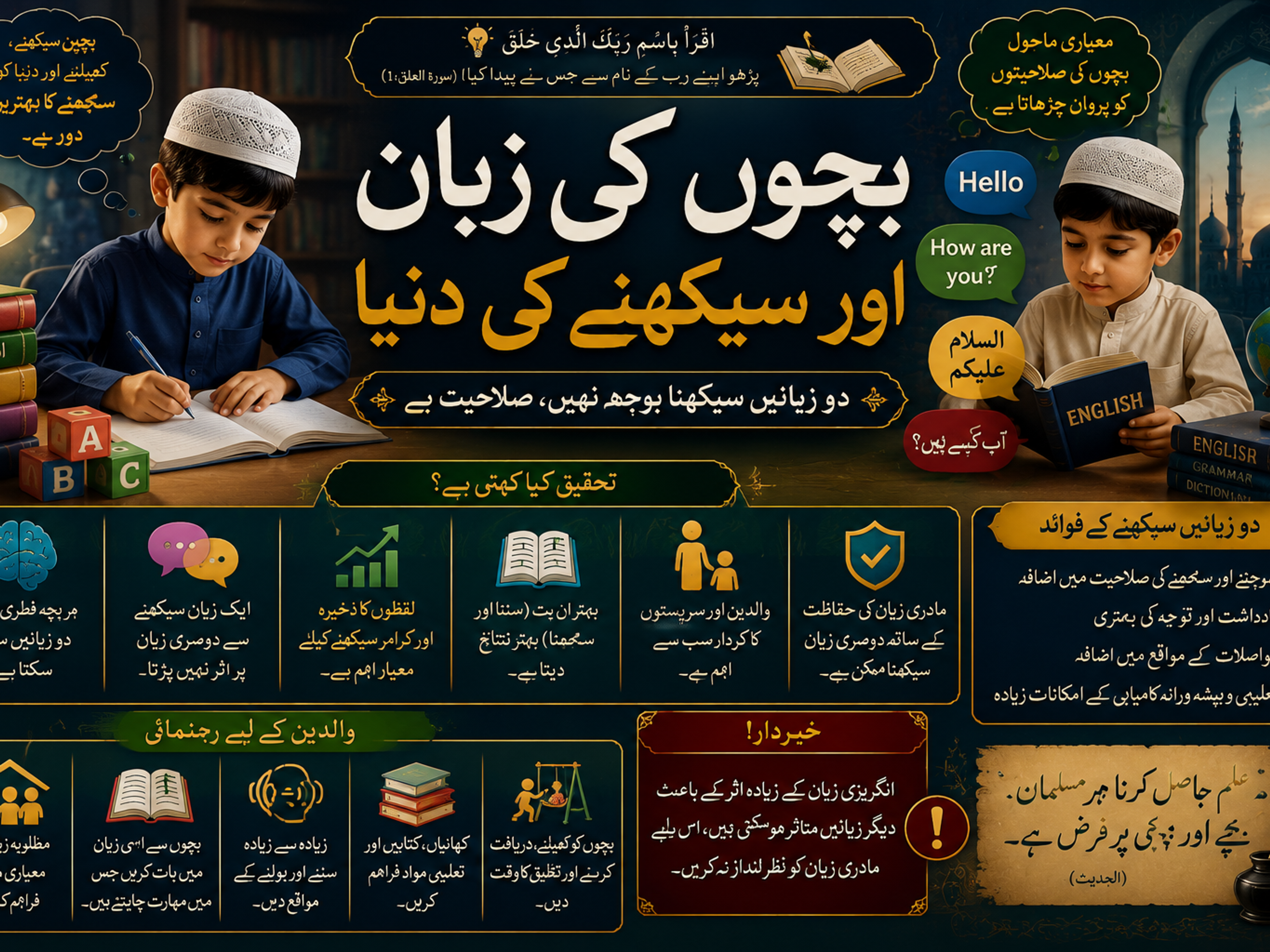 Urdu infographic on children's language learning, featuring two boys studying, and outlining benefits of bilingualism and parental guidance.