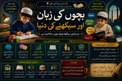 Urdu infographic on children's language learning, featuring two boys studying, and outlining benefits of bilingualism and parental guidance.