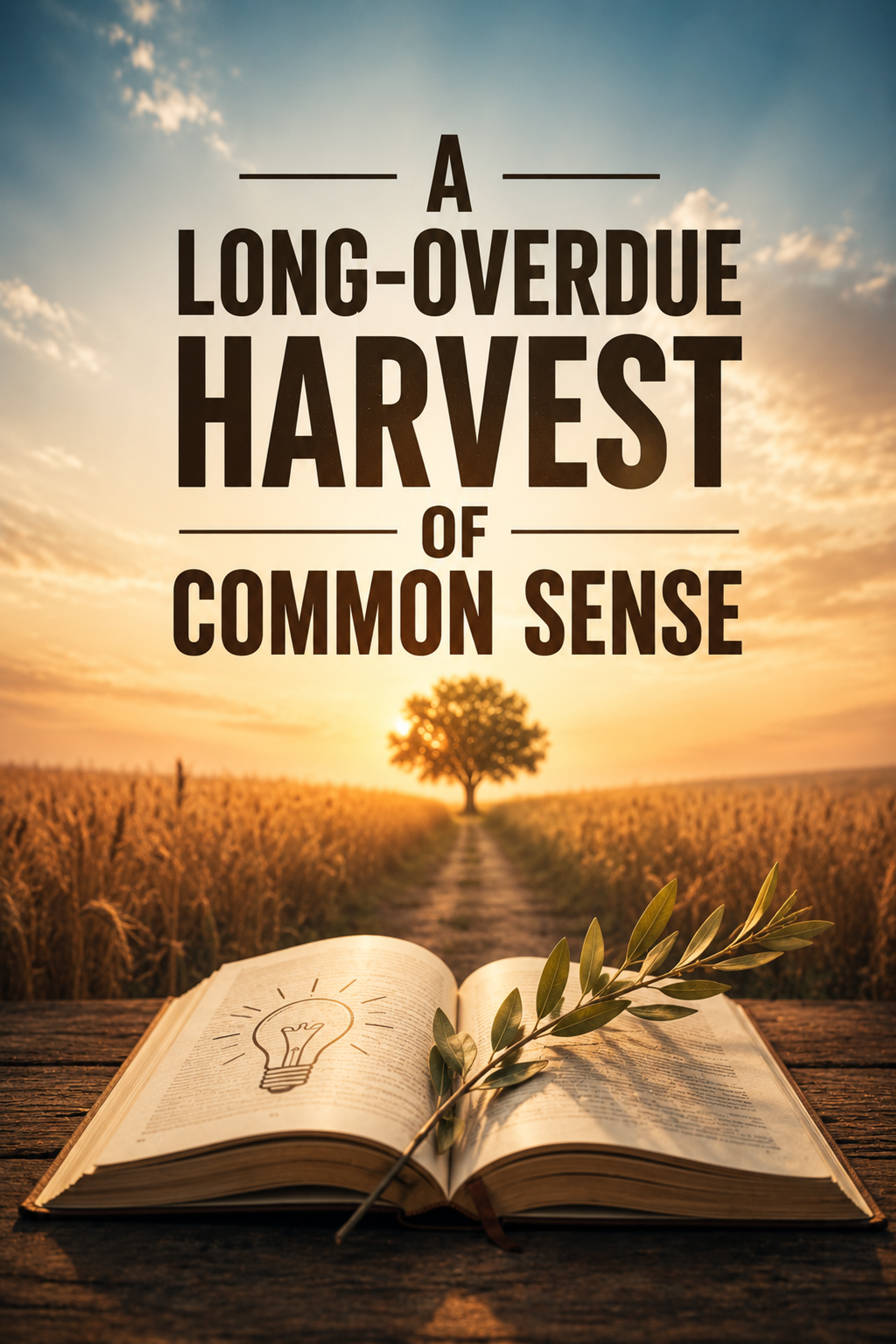 Text "A LONG-OVERDUE HARVEST OF COMMON SENSE" over a sunset wheat field with a path leading to a tree, an open book with a lightbulb drawing and a leafy branch on a wooden table.
