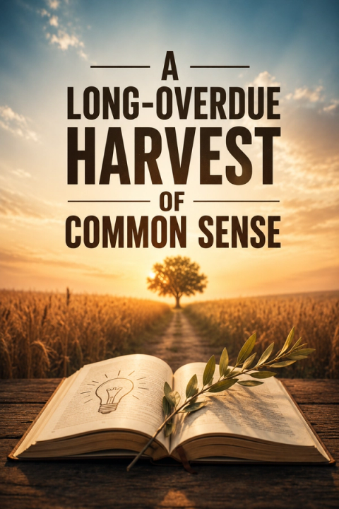 Text "A LONG-OVERDUE HARVEST OF COMMON SENSE" over a sunset wheat field with a path leading to a tree, an open book with a lightbulb drawing and a leafy branch on a wooden table.