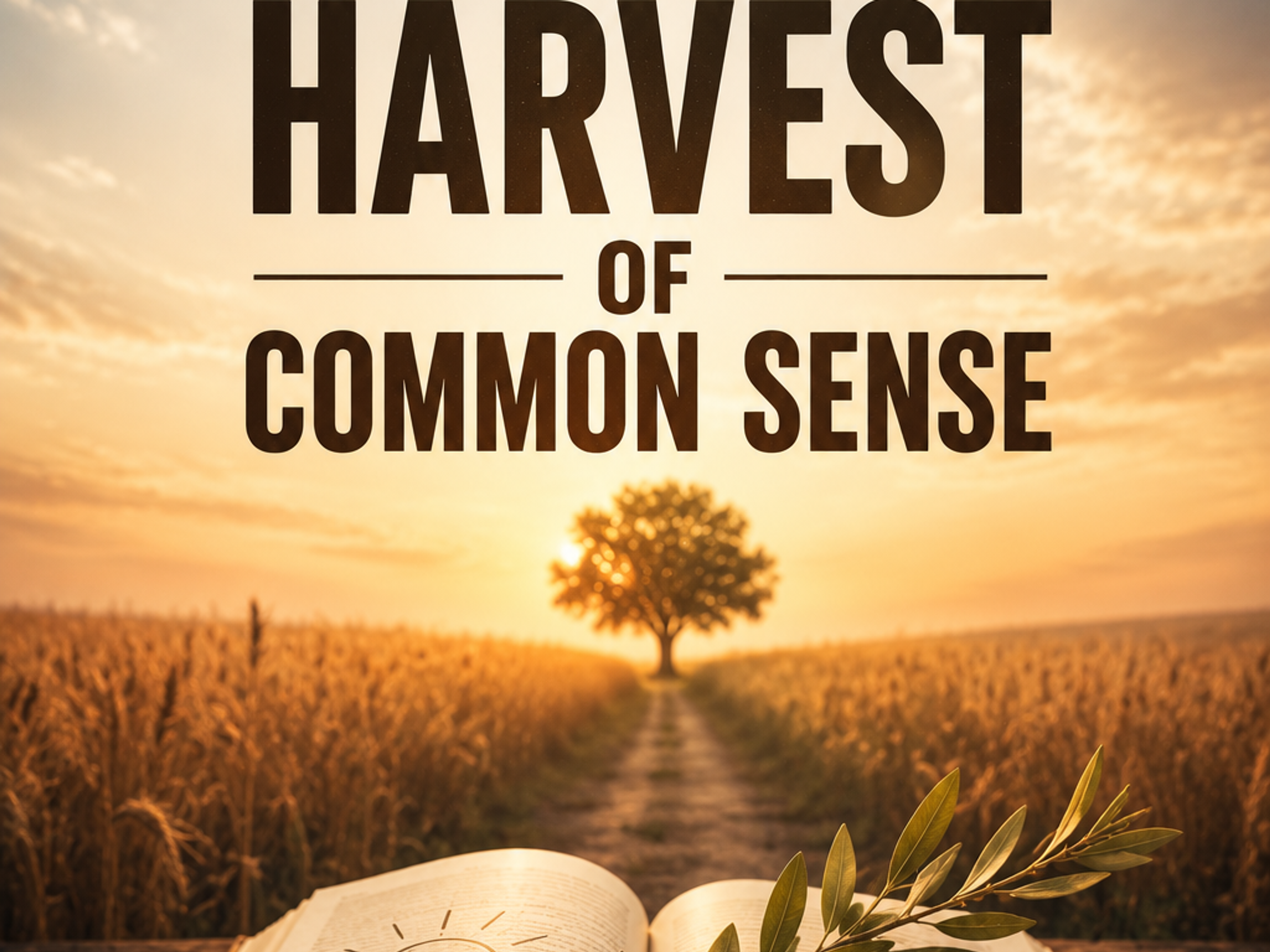 Text "A LONG-OVERDUE HARVEST OF COMMON SENSE" over a sunset wheat field with a path leading to a tree, an open book with a lightbulb drawing and a leafy branch on a wooden table.