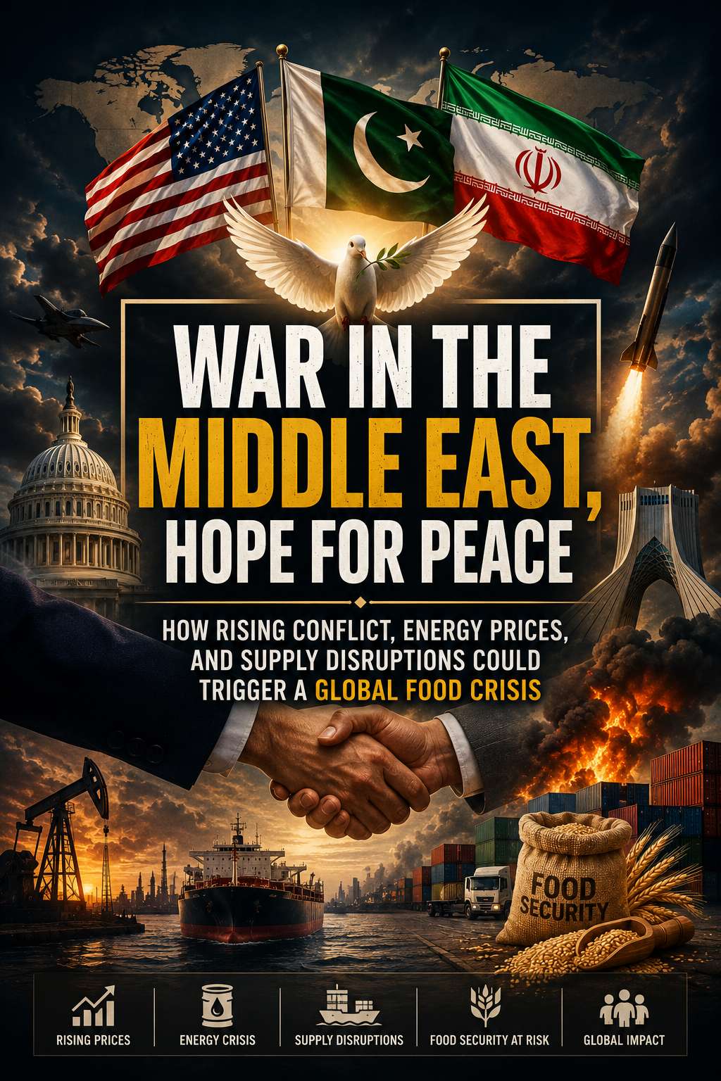 Poster titled 'War in the Middle East, Hope for Peace,' with flags of USA, Pakistan, Iran, a peace dove, military and diplomatic symbols, and scenes of trade and food, warning that conflict, energy, and supply disruptions could trigger a global food crisis.