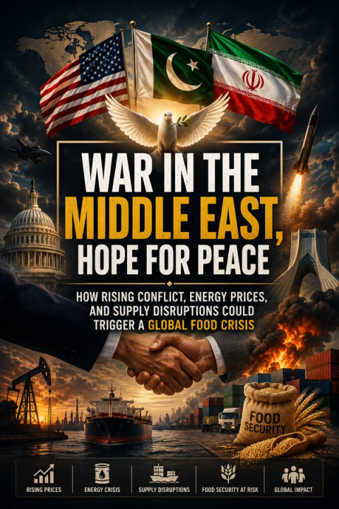 Poster titled 'War in the Middle East, Hope for Peace,' with flags of USA, Pakistan, Iran, a peace dove, military and diplomatic symbols, and scenes of trade and food, warning that conflict, energy, and supply disruptions could trigger a global food crisis.