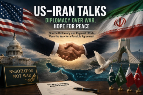 Graphic titled "US-IRAN TALKS" showing US and Iranian flags, a handshake over the Middle East, the US Capitol, Azadi Tower, and text "Diplomacy Over War, Hope for Peace."
