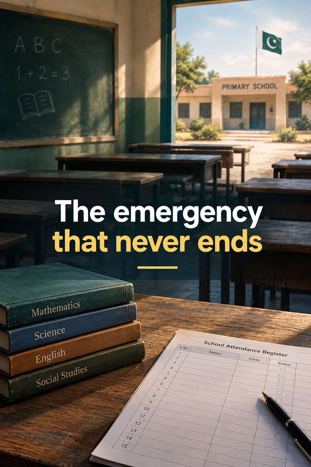 An empty classroom with desks, textbooks, and an attendance register on a wooden desk. Through a doorway, a primary school building with a Pakistan flag is visible. Overlay text: "The emergency that never ends".