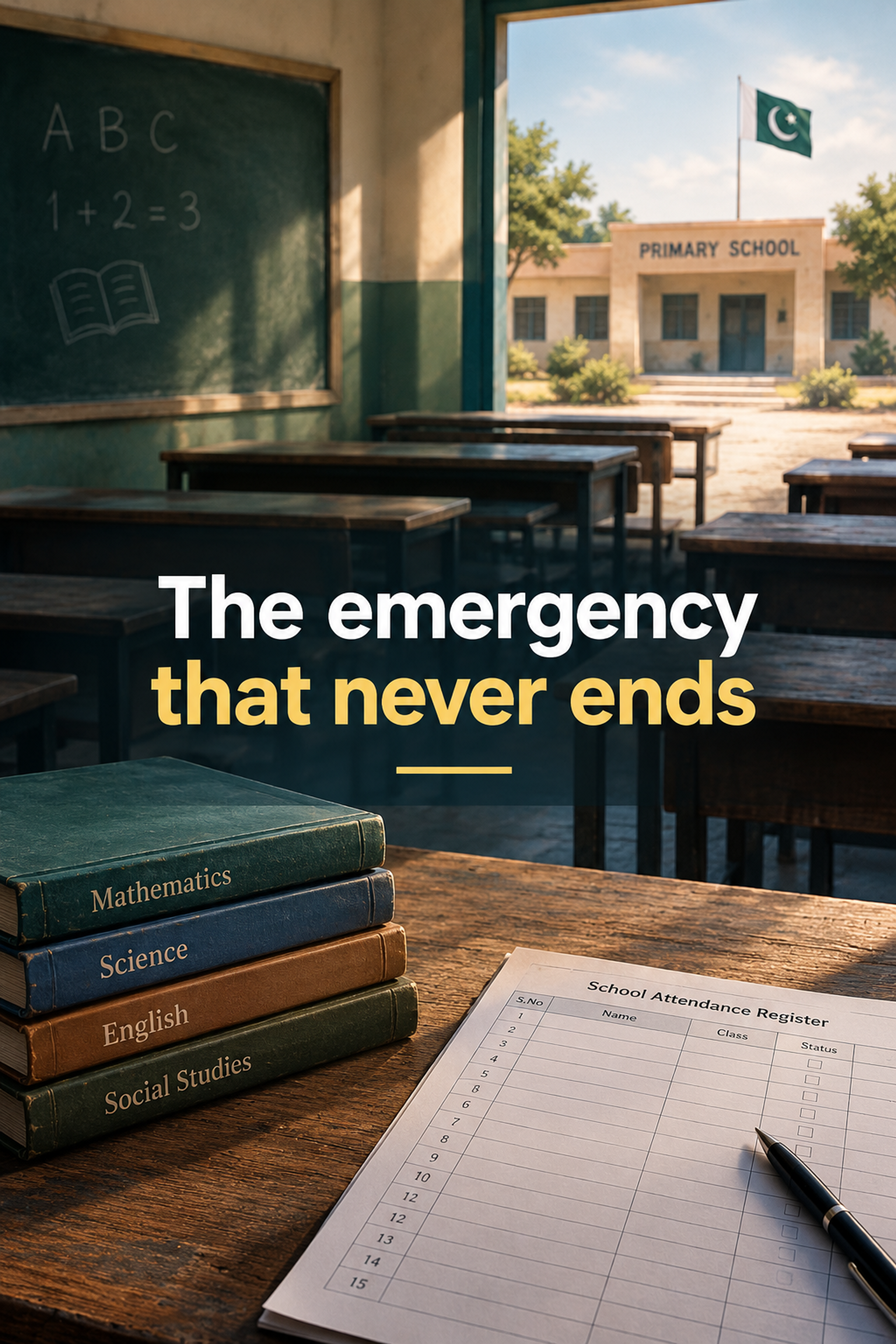 An empty classroom with desks, textbooks, and an attendance register on a wooden desk. Through a doorway, a primary school building with a Pakistan flag is visible. Overlay text: "The emergency that never ends".