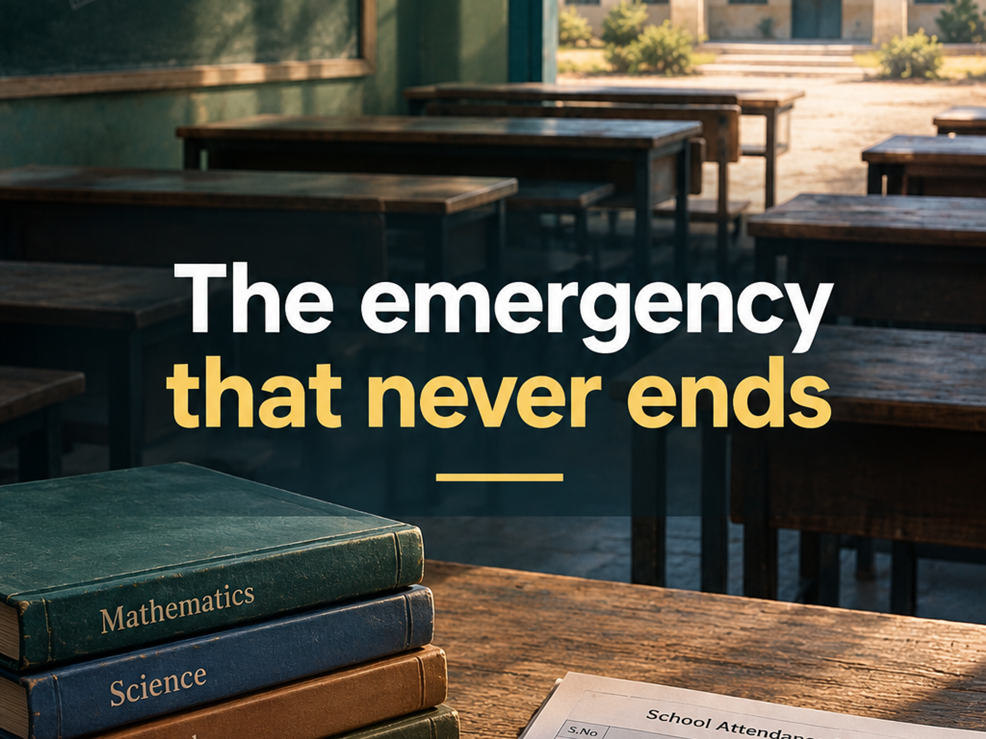 An empty classroom with desks, textbooks, and an attendance register on a wooden desk. Through a doorway, a primary school building with a Pakistan flag is visible. Overlay text: "The emergency that never ends".