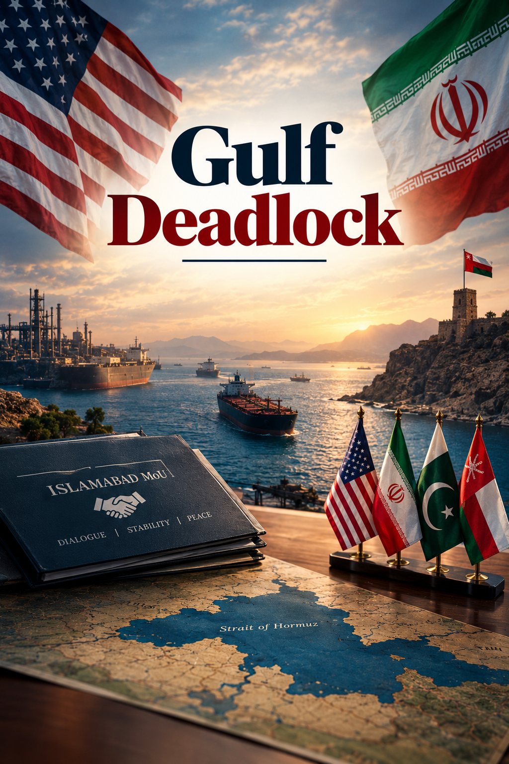 A composite image titled "Gulf Deadlock," featuring large US and Iranian flags, cargo ships in a strait at sunset, an Islamabad MoU document, a map of the Strait of Hormuz, and small flags of the US, Iran, Pakistan, and Oman.