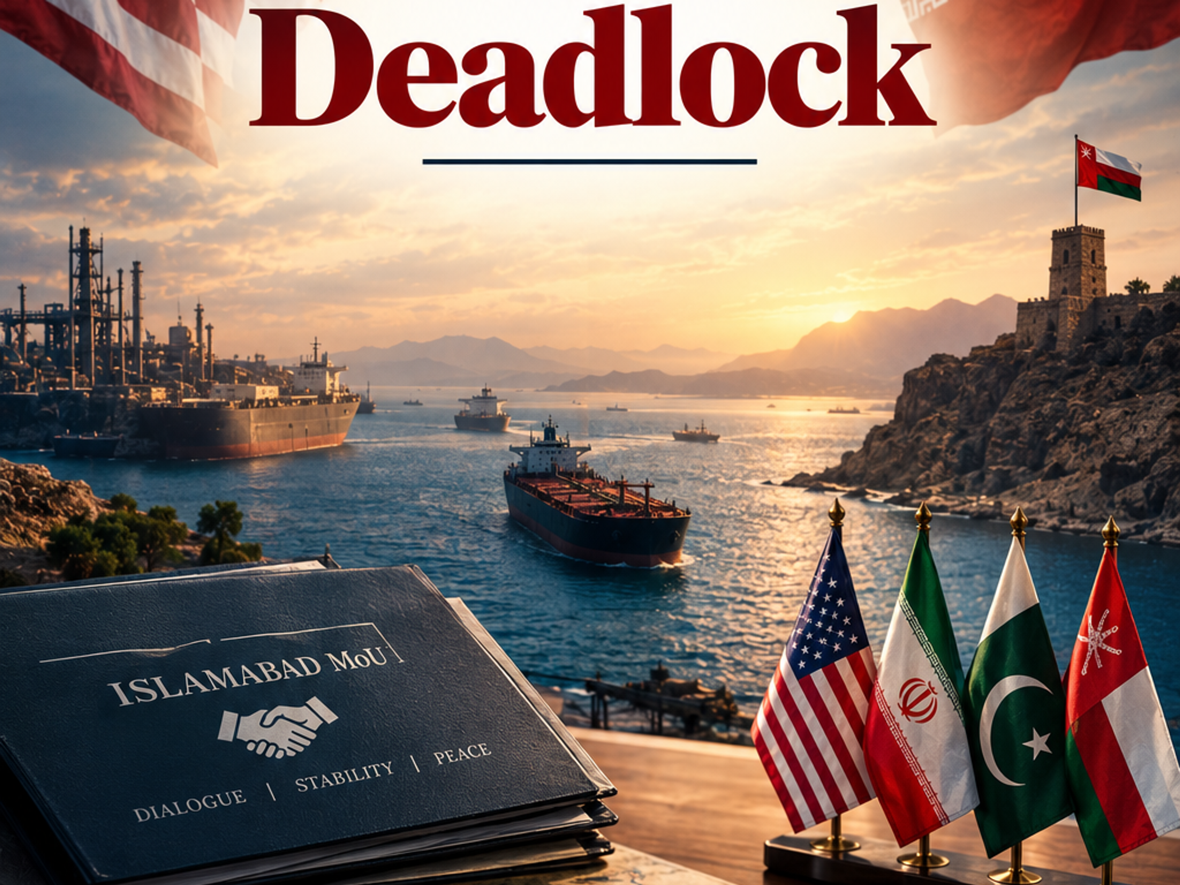 A composite image titled "Gulf Deadlock," featuring large US and Iranian flags, cargo ships in a strait at sunset, an Islamabad MoU document, a map of the Strait of Hormuz, and small flags of the US, Iran, Pakistan, and Oman.