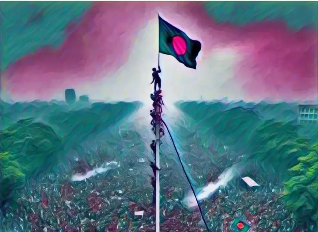 A stylized image shows a human pyramid climbing a tall pole to raise the Bangladesh flag above a large crowd.