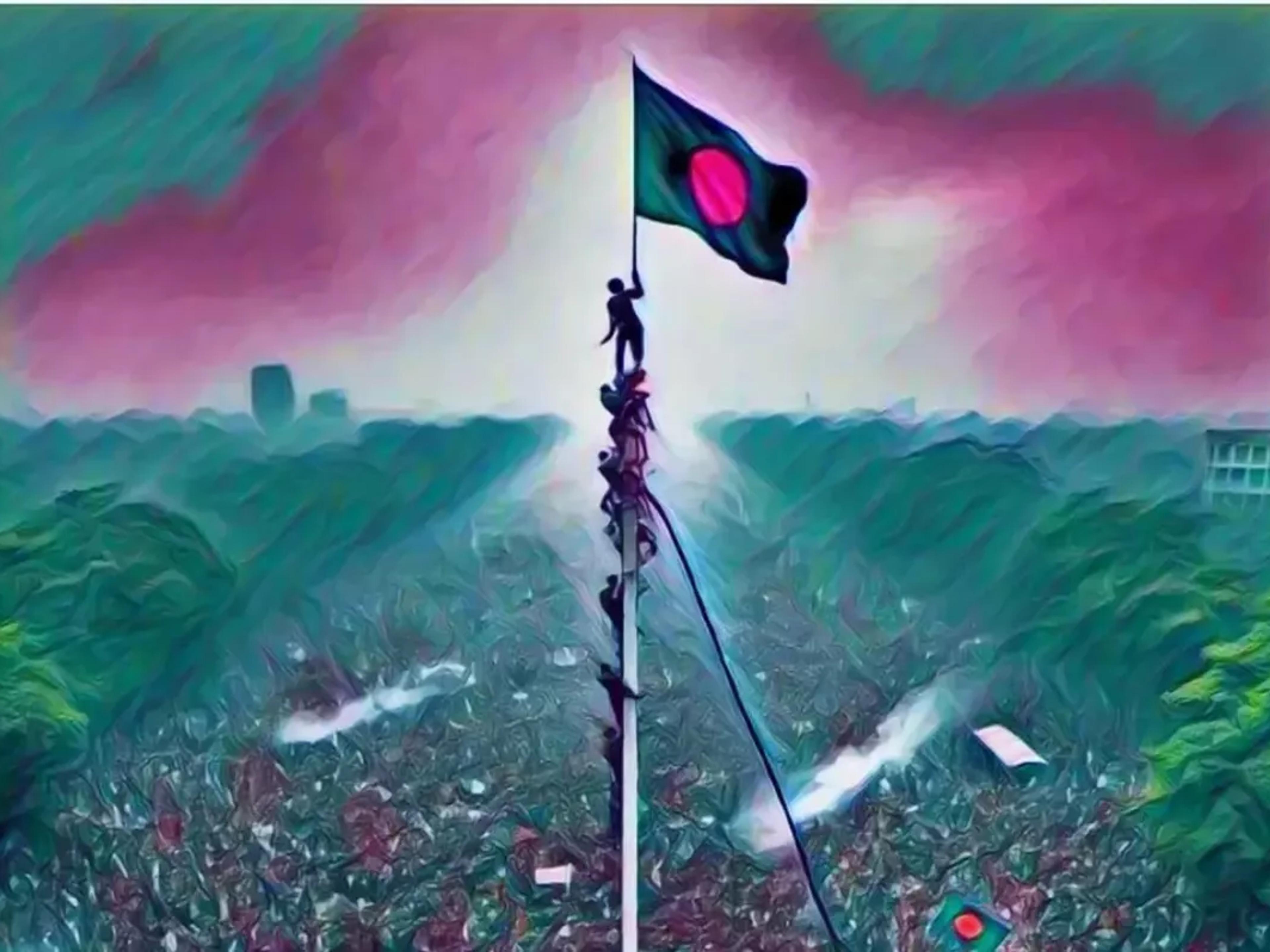 A stylized image shows a human pyramid climbing a tall pole to raise the Bangladesh flag above a large crowd.