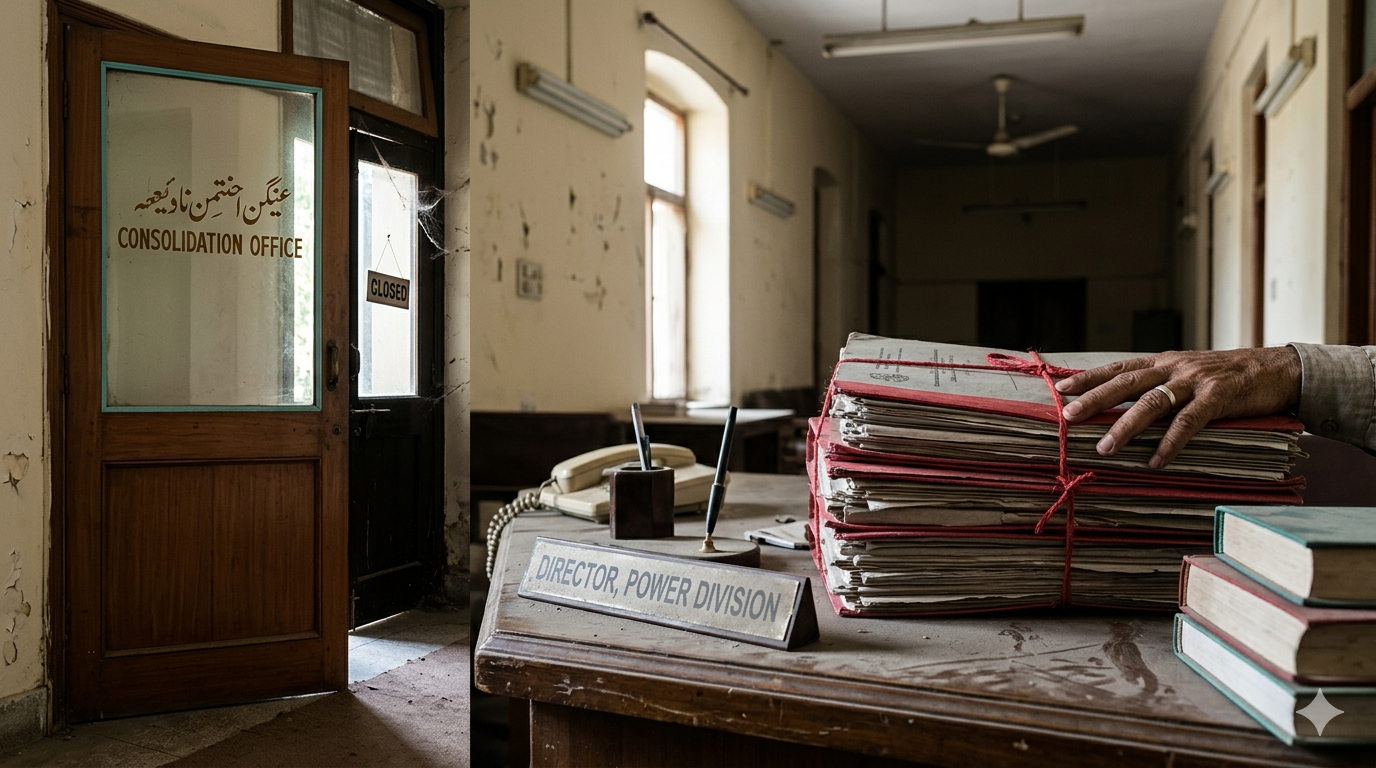 A hand rests on a towering stack of aged files on a dusty "Director, Power Division" desk in a neglected office, with an open "Consolidation Office" door visible.