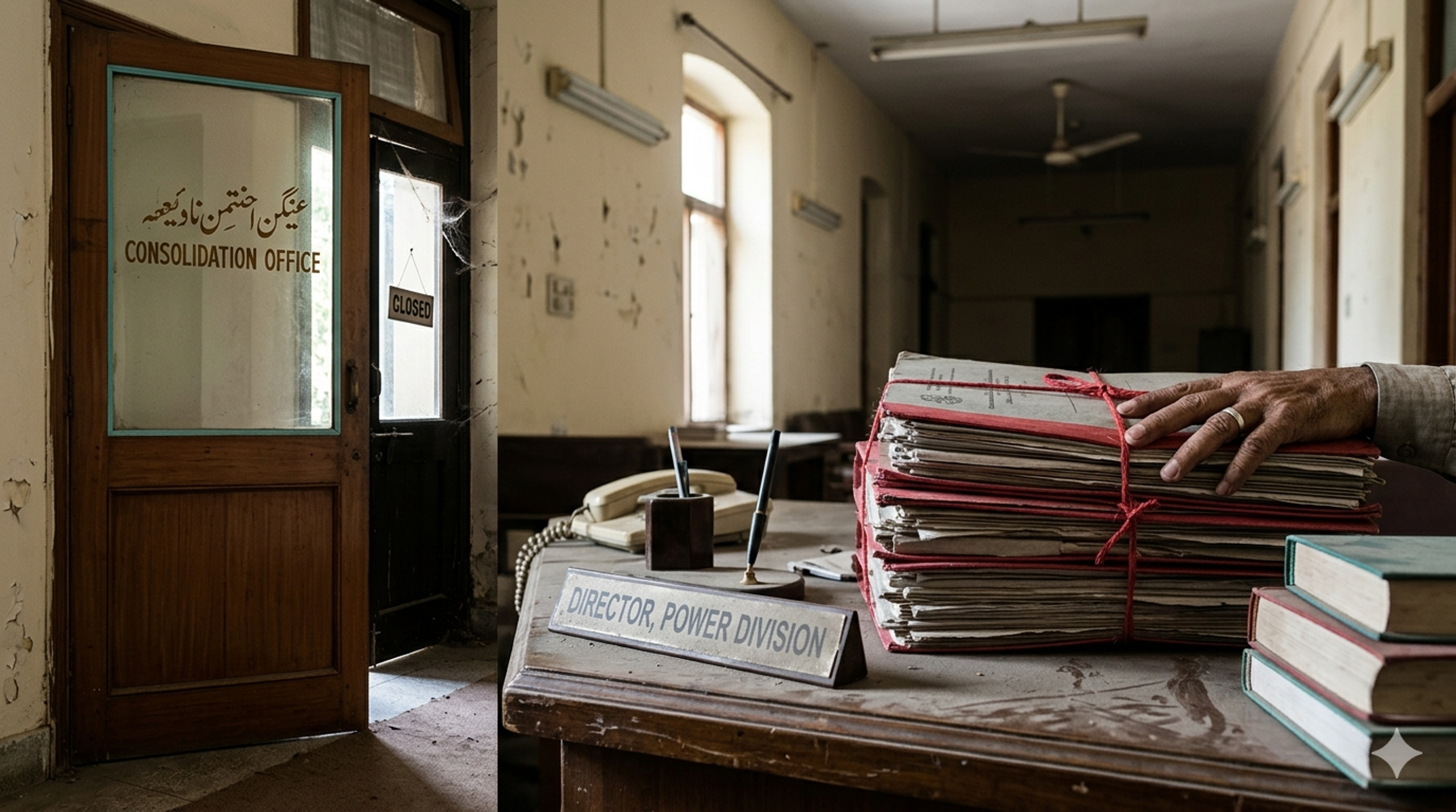 A hand rests on a towering stack of aged files on a dusty "Director, Power Division" desk in a neglected office, with an open "Consolidation Office" door visible.