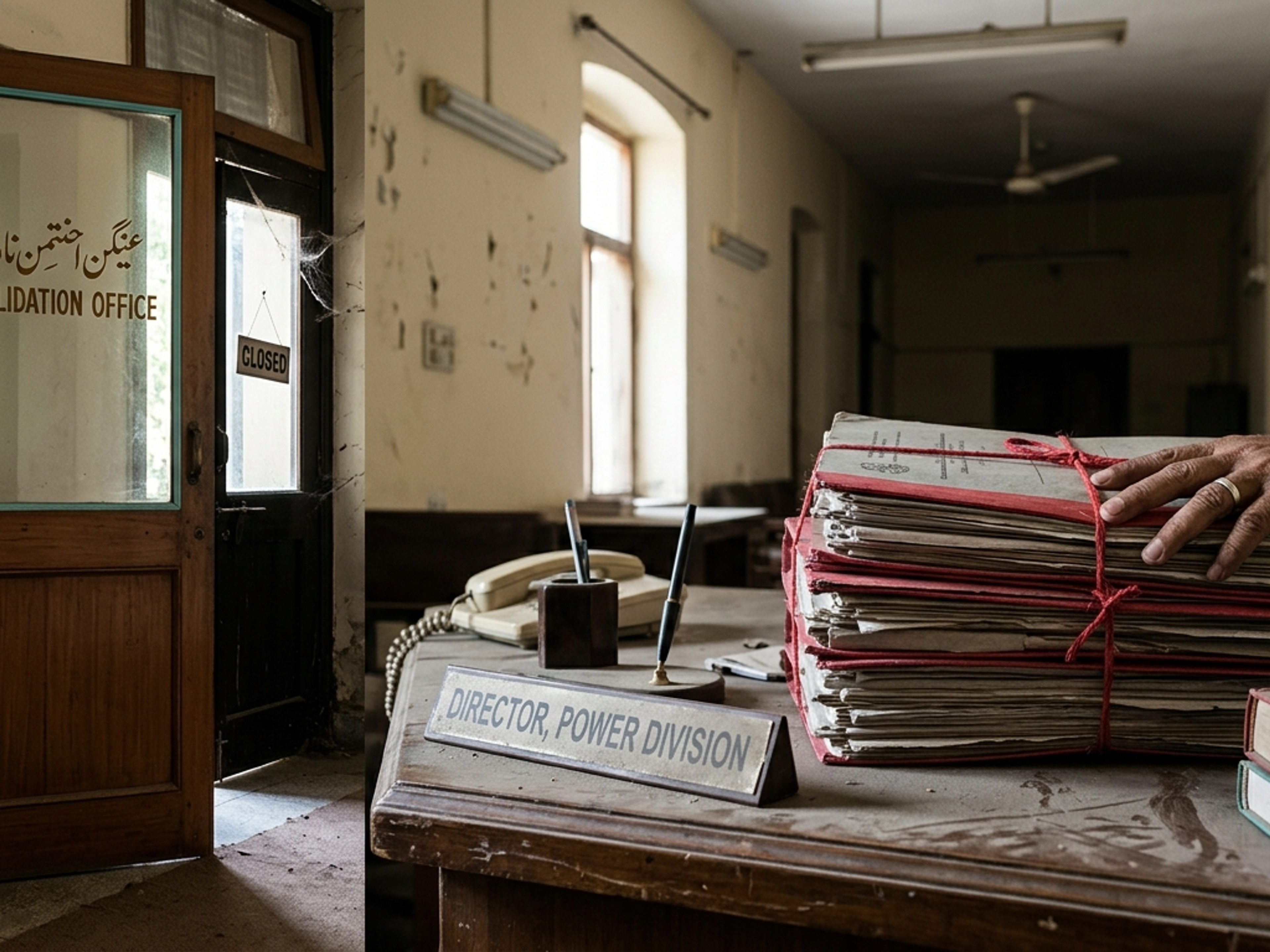A hand rests on a towering stack of aged files on a dusty "Director, Power Division" desk in a neglected office, with an open "Consolidation Office" door visible.