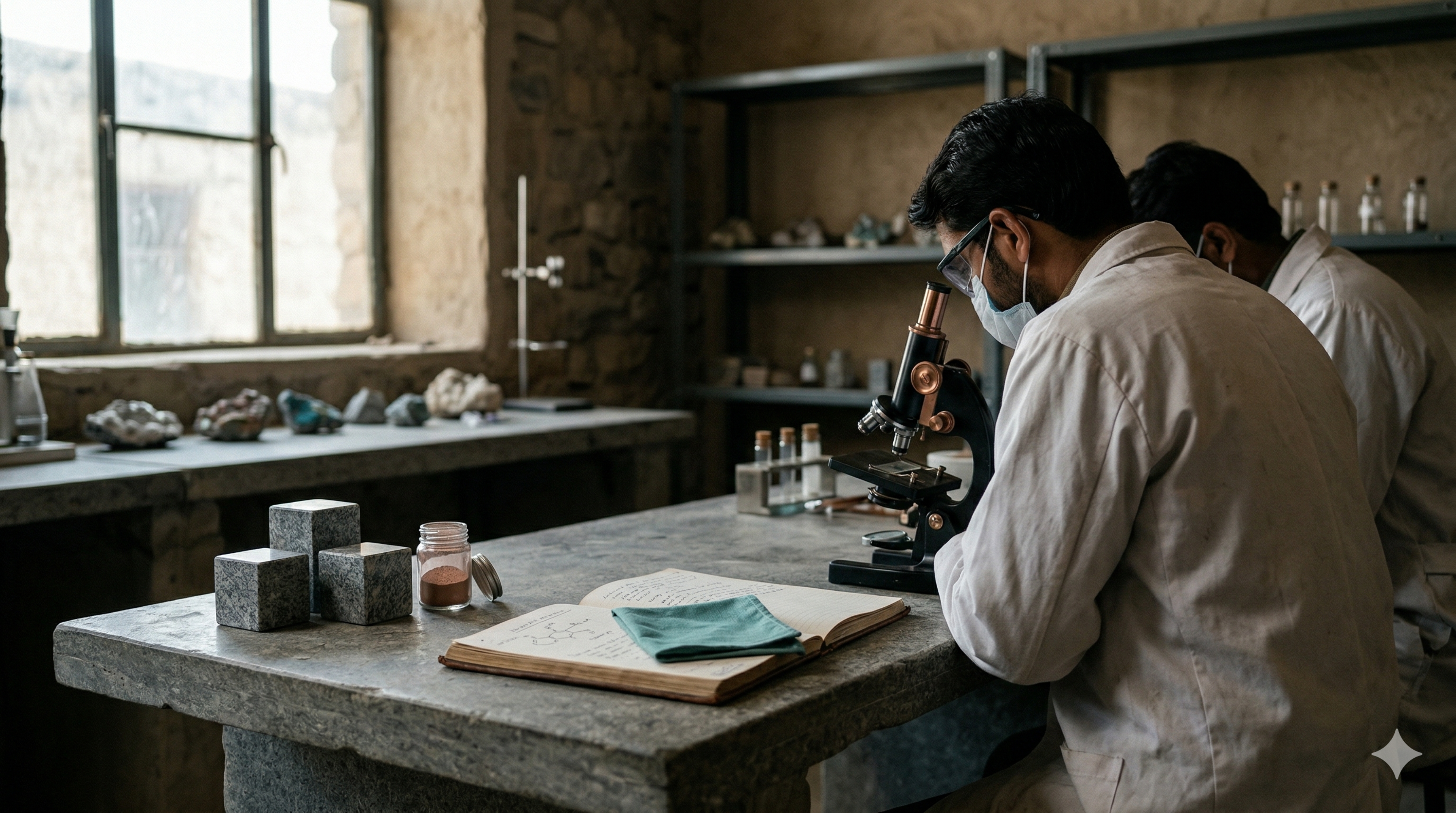 Two researchers in lab coats examine samples under a microscope in a rustic laboratory.