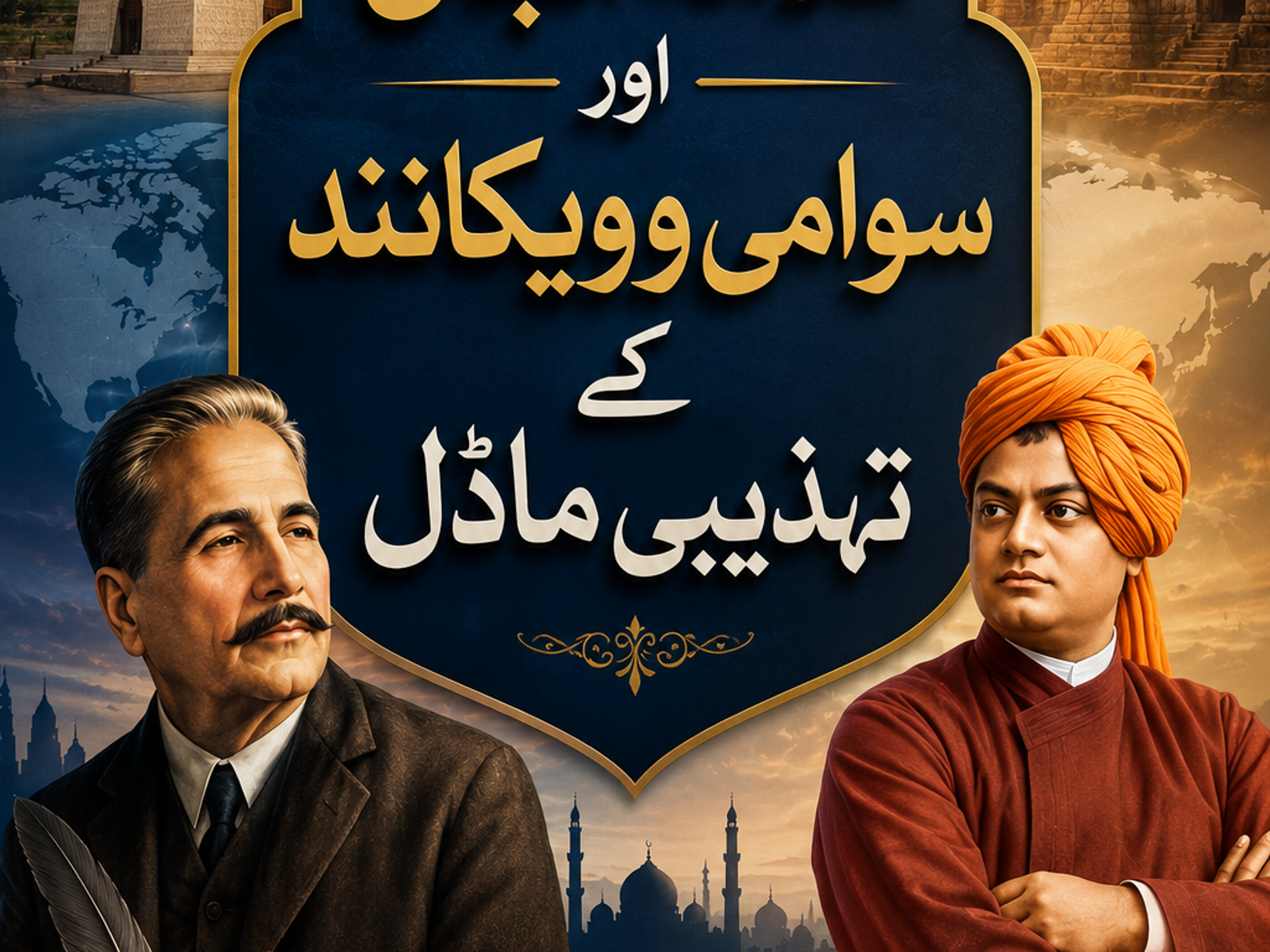 Illustration of Muhammad Iqbal and Swami Vivekananda with Islamic landmarks on the left and Hindu temple architecture on the right. Urdu text is centered above them.