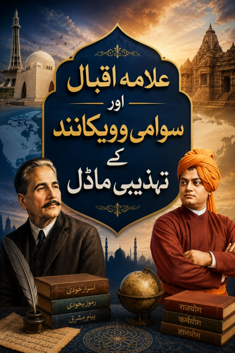 Illustration of Muhammad Iqbal and Swami Vivekananda with Islamic landmarks on the left and Hindu temple architecture on the right. Urdu text is centered above them.