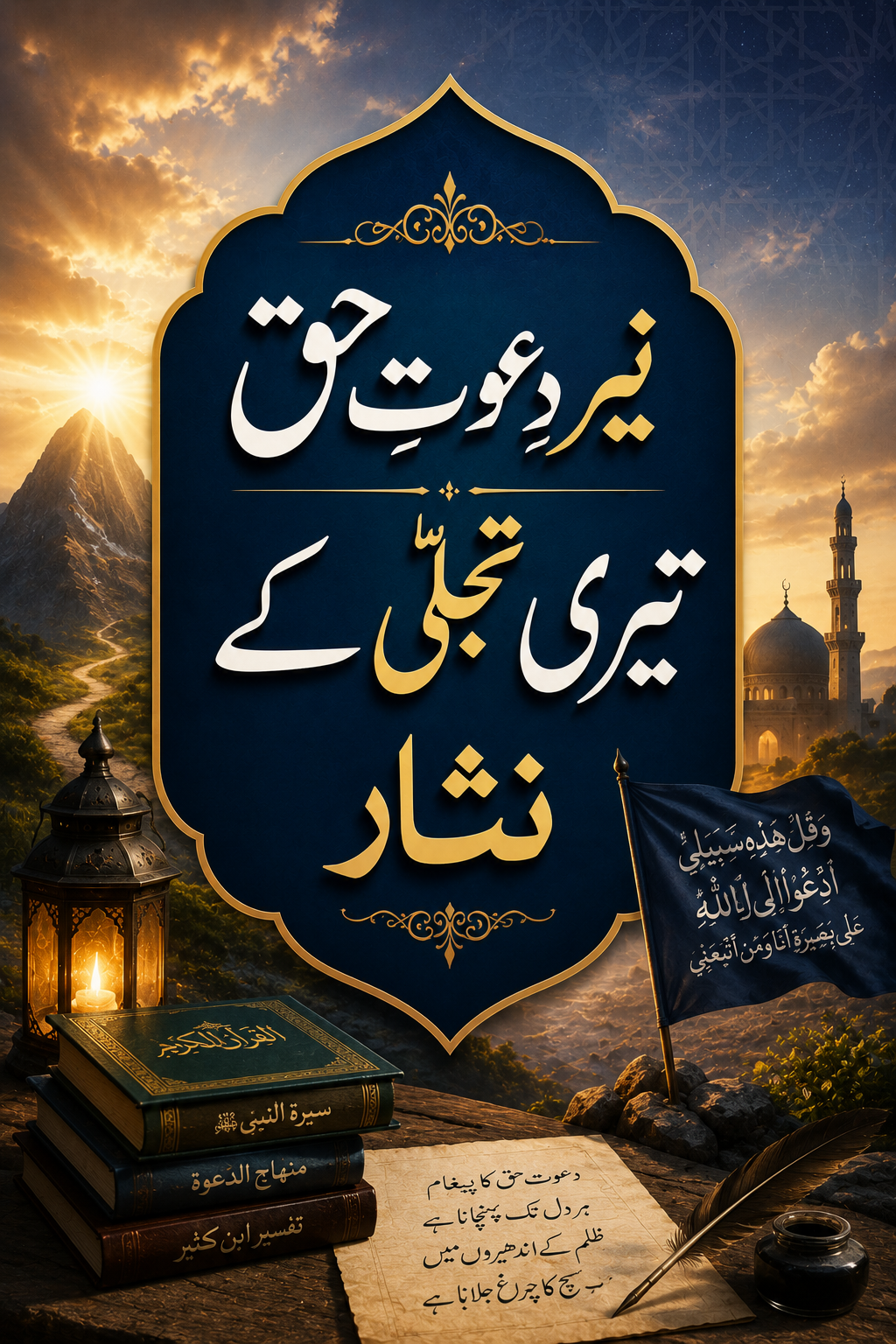 An ornate blue shield with white and gold Urdu calligraphy ("Light of the Call to Truth") is central, set against a backdrop of a sunrise over mountains and a mosque. In the foreground, stacked Islamic books, a lit lantern, a black flag with Arabic text, and a scroll with a quill are visible.