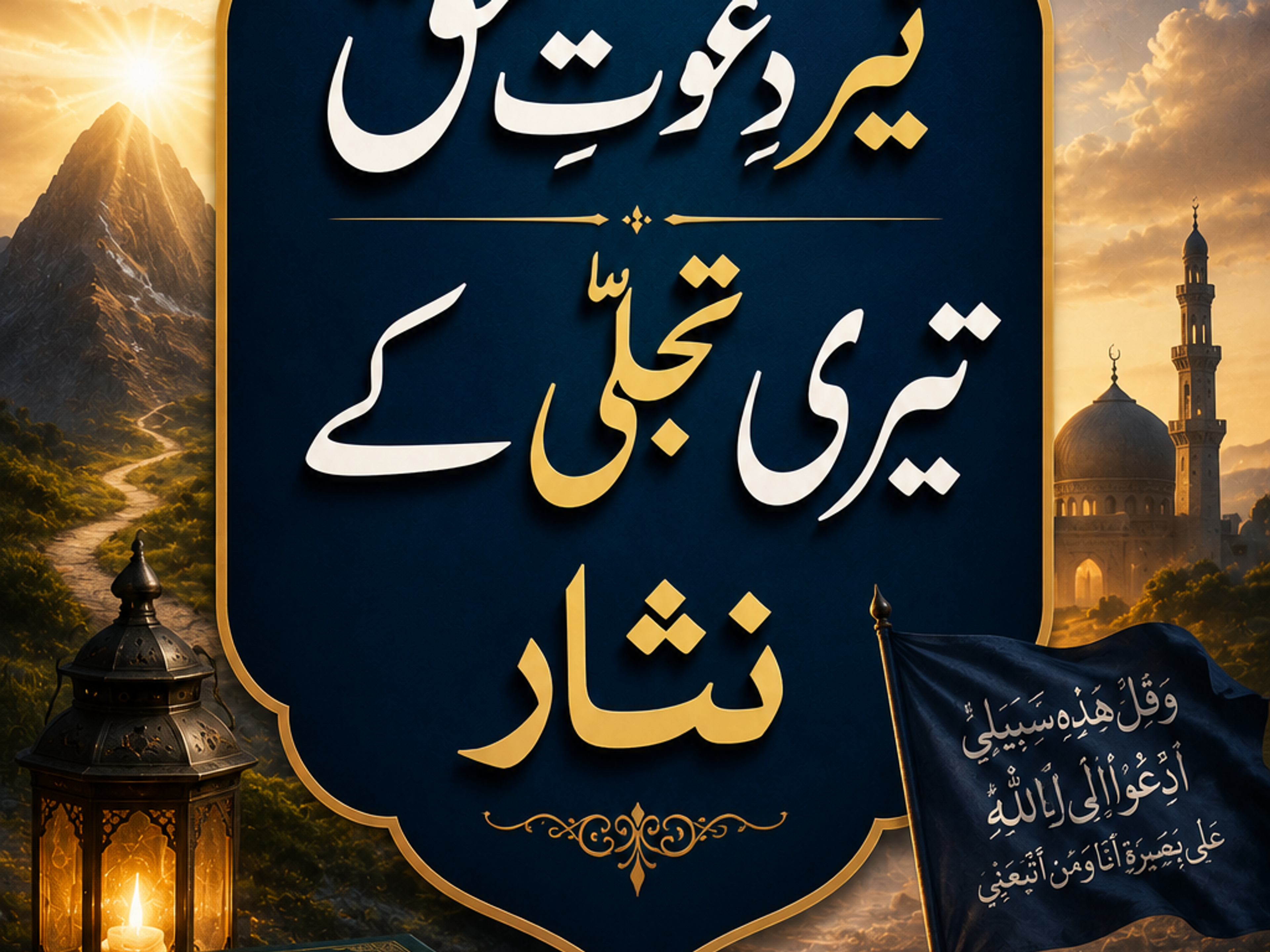 An ornate blue shield with white and gold Urdu calligraphy ("Light of the Call to Truth") is central, set against a backdrop of a sunrise over mountains and a mosque. In the foreground, stacked Islamic books, a lit lantern, a black flag with Arabic text, and a scroll with a quill are visible.