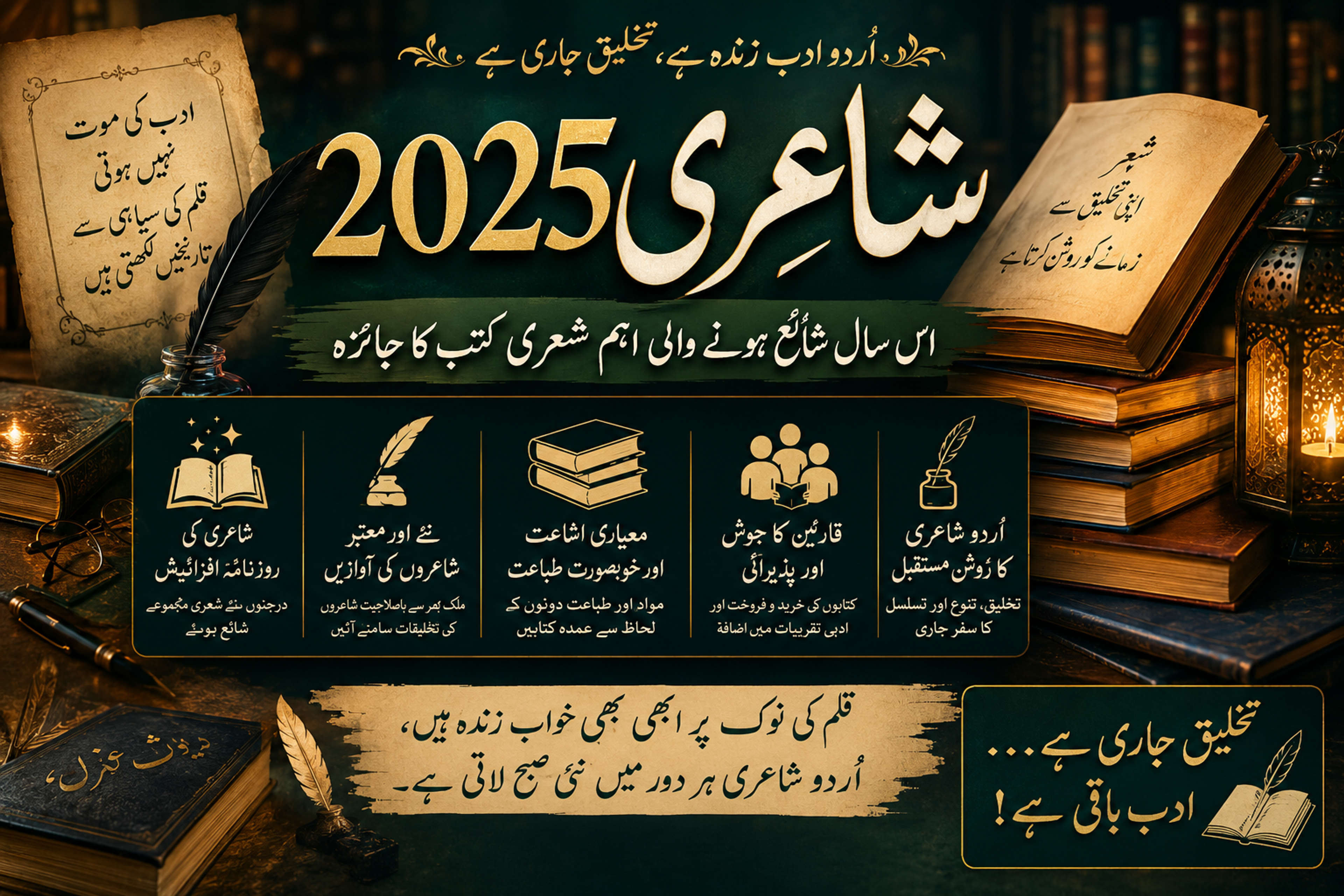 Promotional poster for "Poetry 2025" in Urdu, featuring books, a quill, and a lantern, celebrating the continuation and future of Urdu literature.