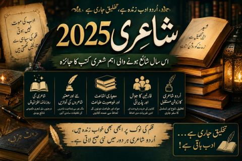 Promotional poster for "Poetry 2025" in Urdu, featuring books, a quill, and a lantern, celebrating the continuation and future of Urdu literature.