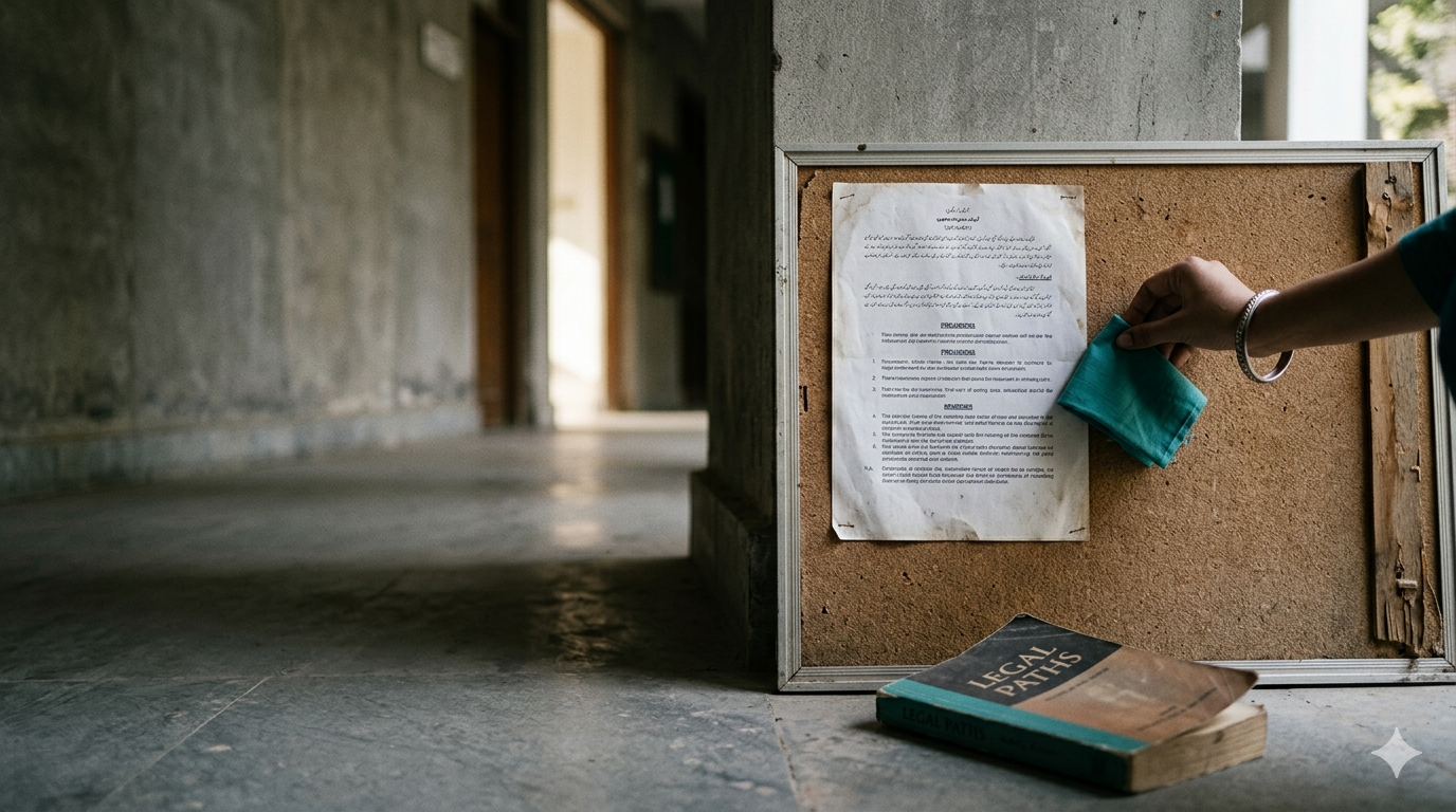 A hand adjusts a paper notice on a cork bulletin board, with an old "LEGAL PATHS" book on the floor below in a concrete hallway.