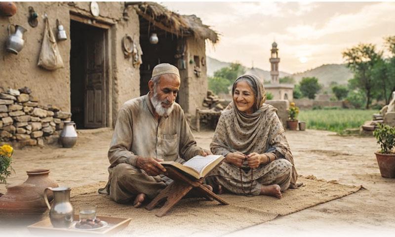 An elderly couple sits outdoors in a rural setting, the man reading a book on a stand and the woman smiling with prayer beads, a mosque minaret in the distance.