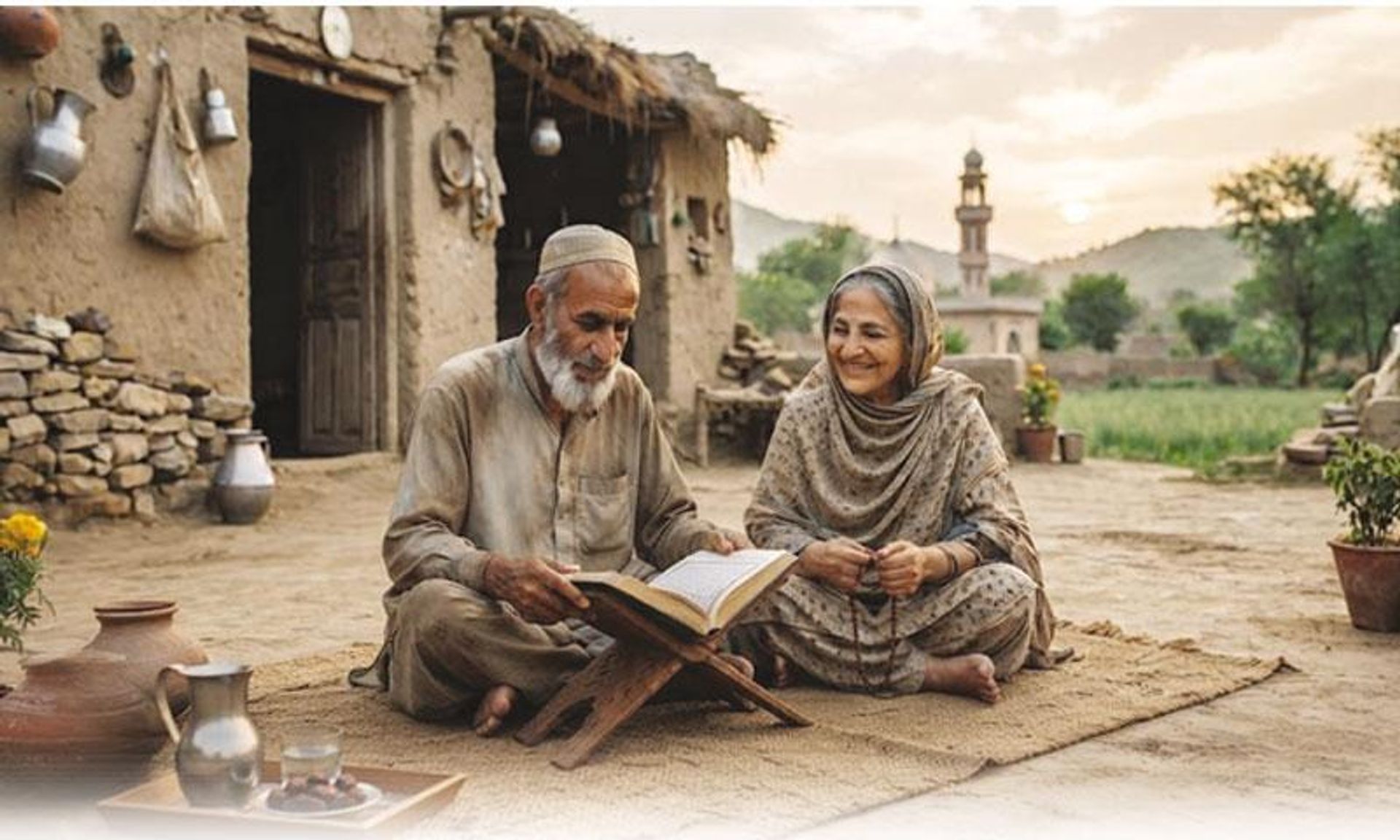 An elderly couple sits outdoors in a rural setting, the man reading a book on a stand and the woman smiling with prayer beads, a mosque minaret in the distance.