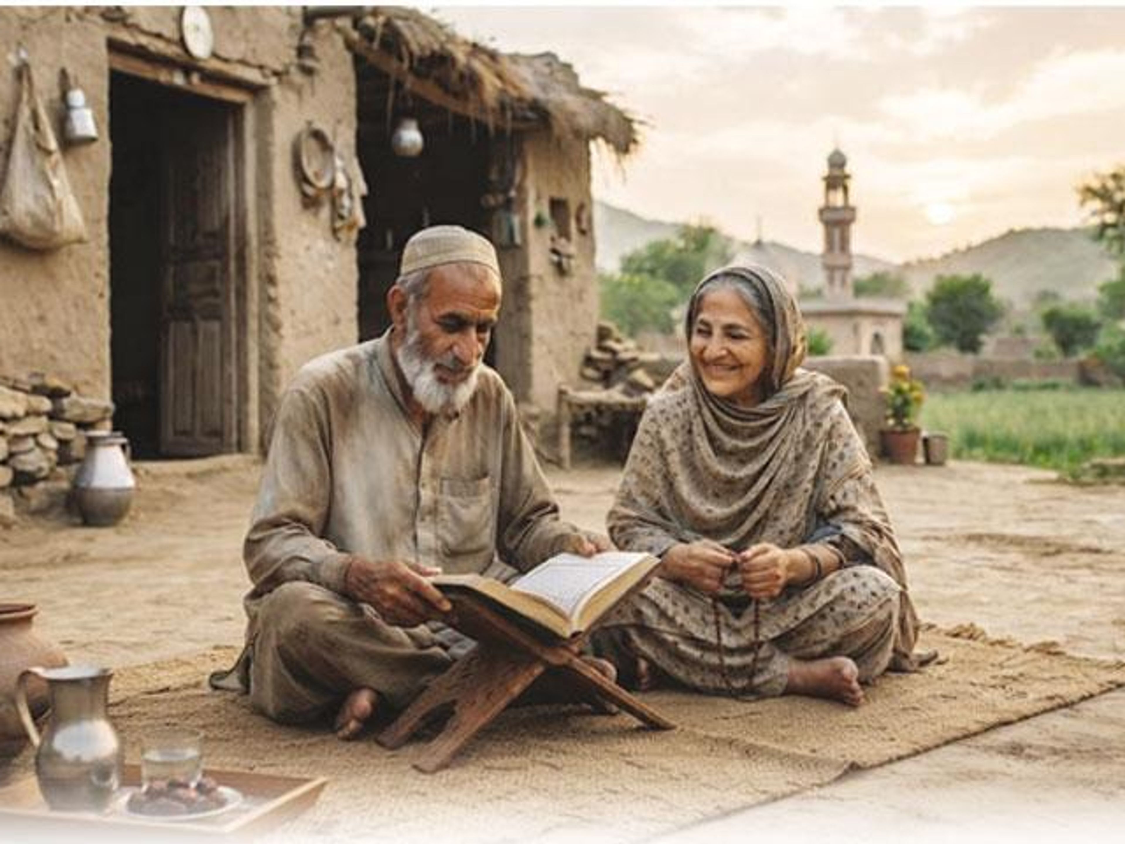 An elderly couple sits outdoors in a rural setting, the man reading a book on a stand and the woman smiling with prayer beads, a mosque minaret in the distance.