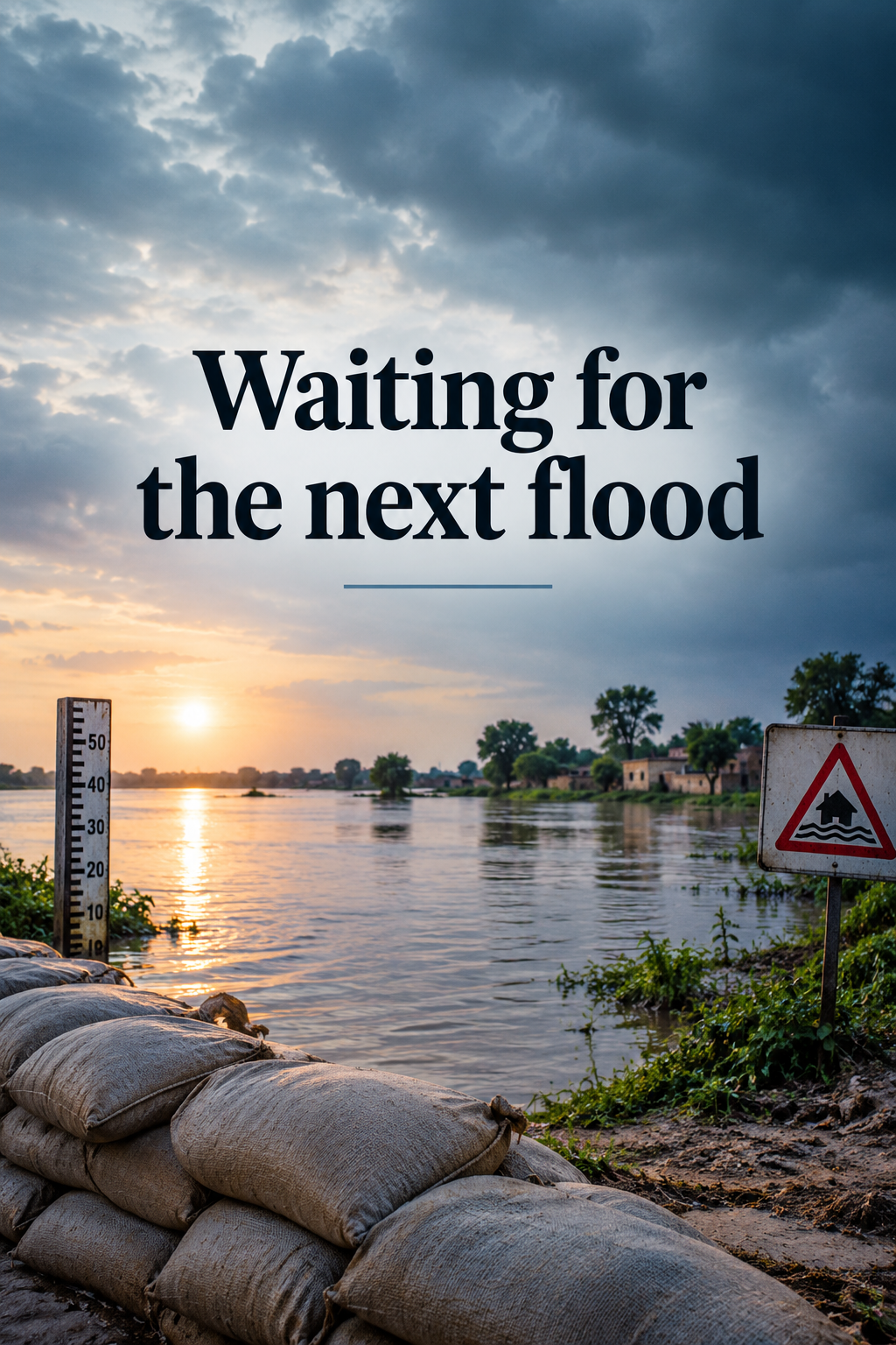 Flooded river at sunset with sandbags, a water level gauge, a flood warning sign, and the text "Waiting for the next flood."