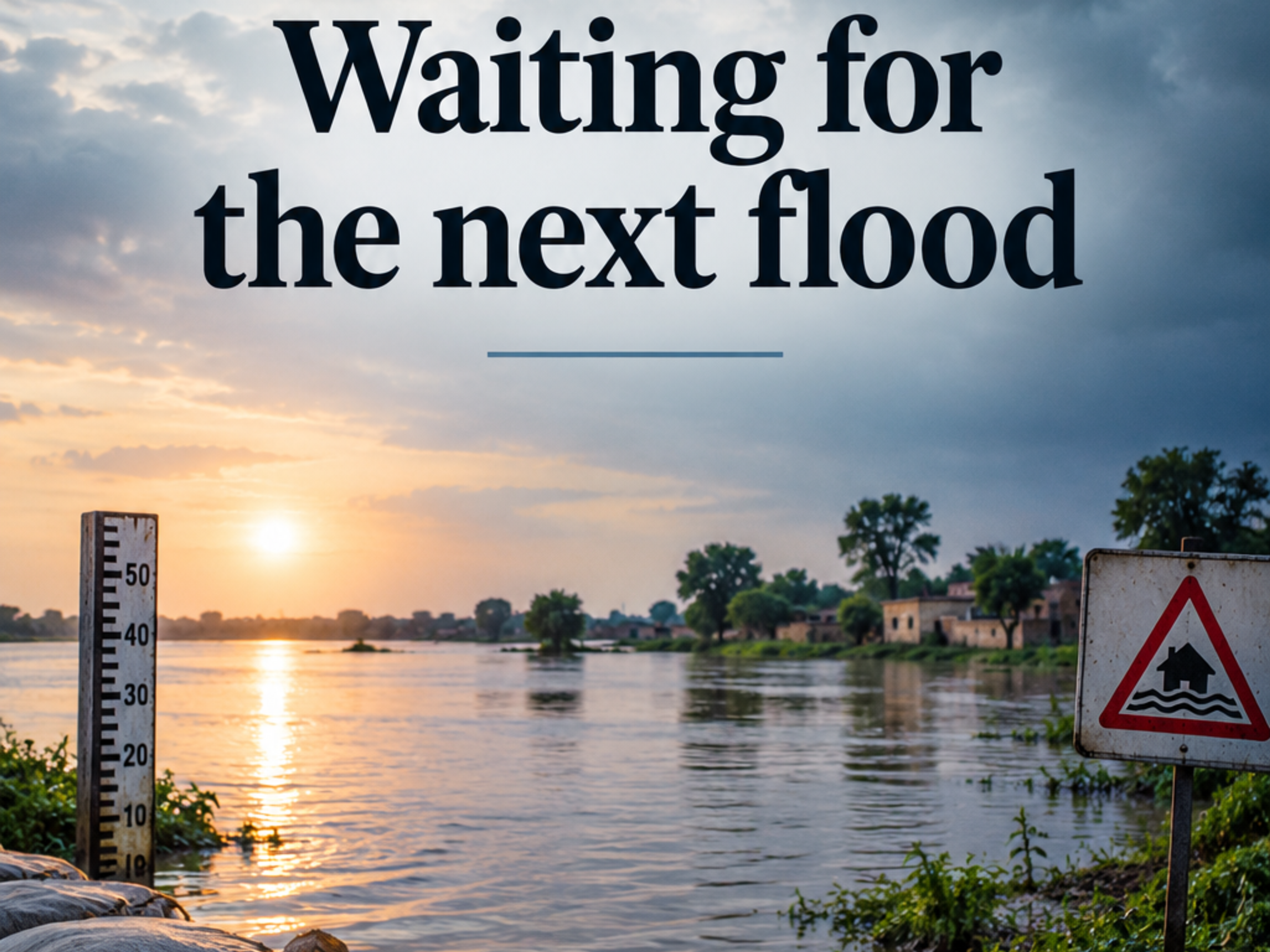 Flooded river at sunset with sandbags, a water level gauge, a flood warning sign, and the text "Waiting for the next flood."