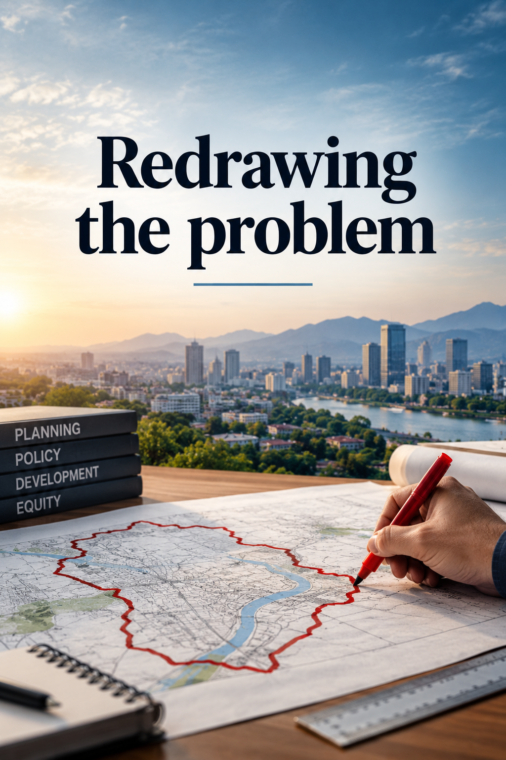 Text "Redrawing the problem" above a hand drawing a red line on a city map. Planning books and a cityscape at sunset are in the background.