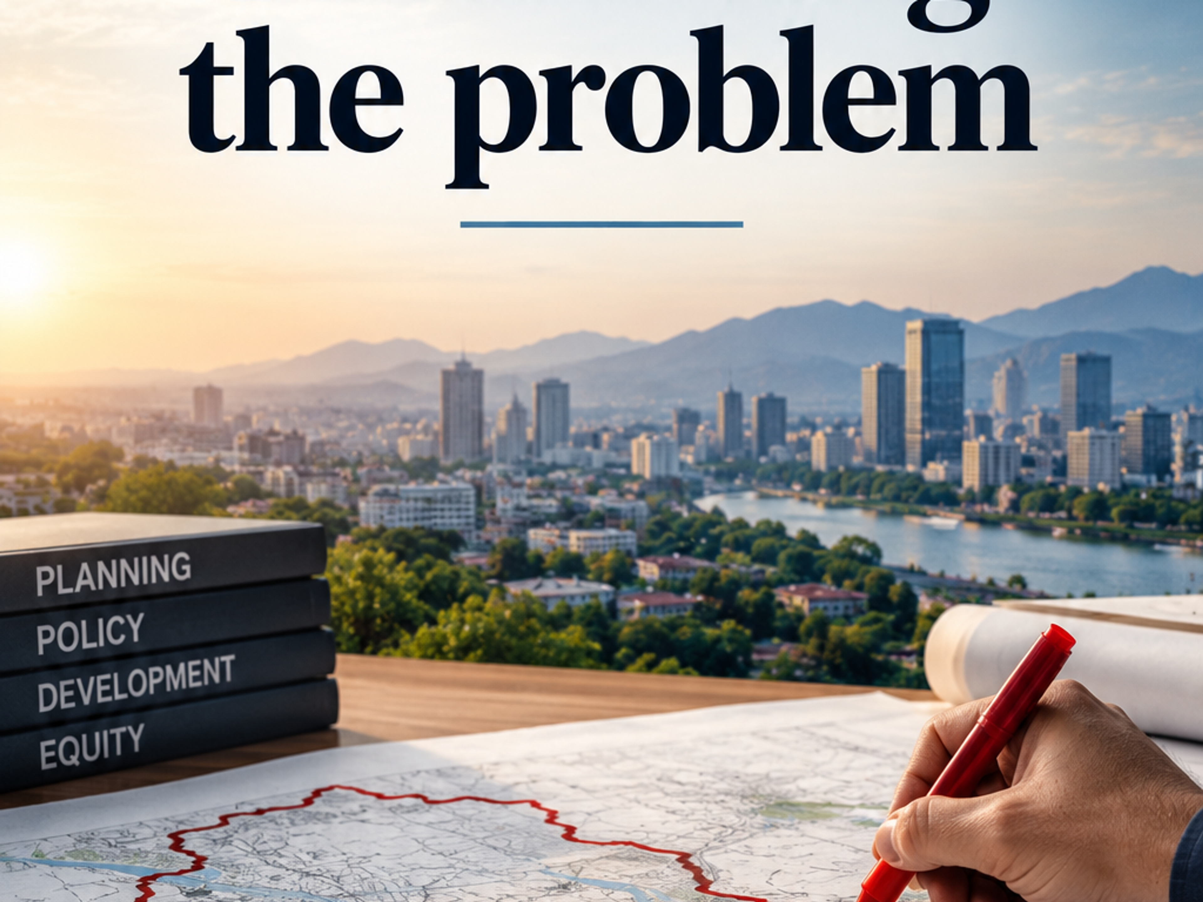 Text "Redrawing the problem" above a hand drawing a red line on a city map. Planning books and a cityscape at sunset are in the background.