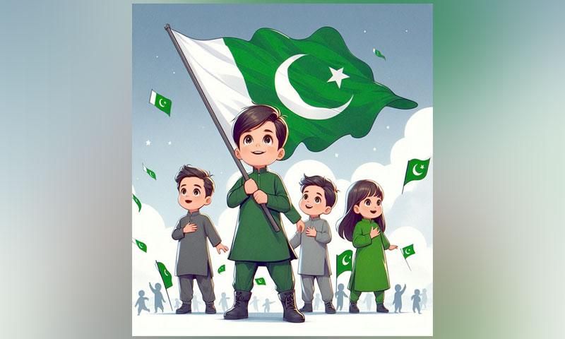Cartoon children celebrating Pakistan with flags, led by a boy holding a large Pakistan flag.