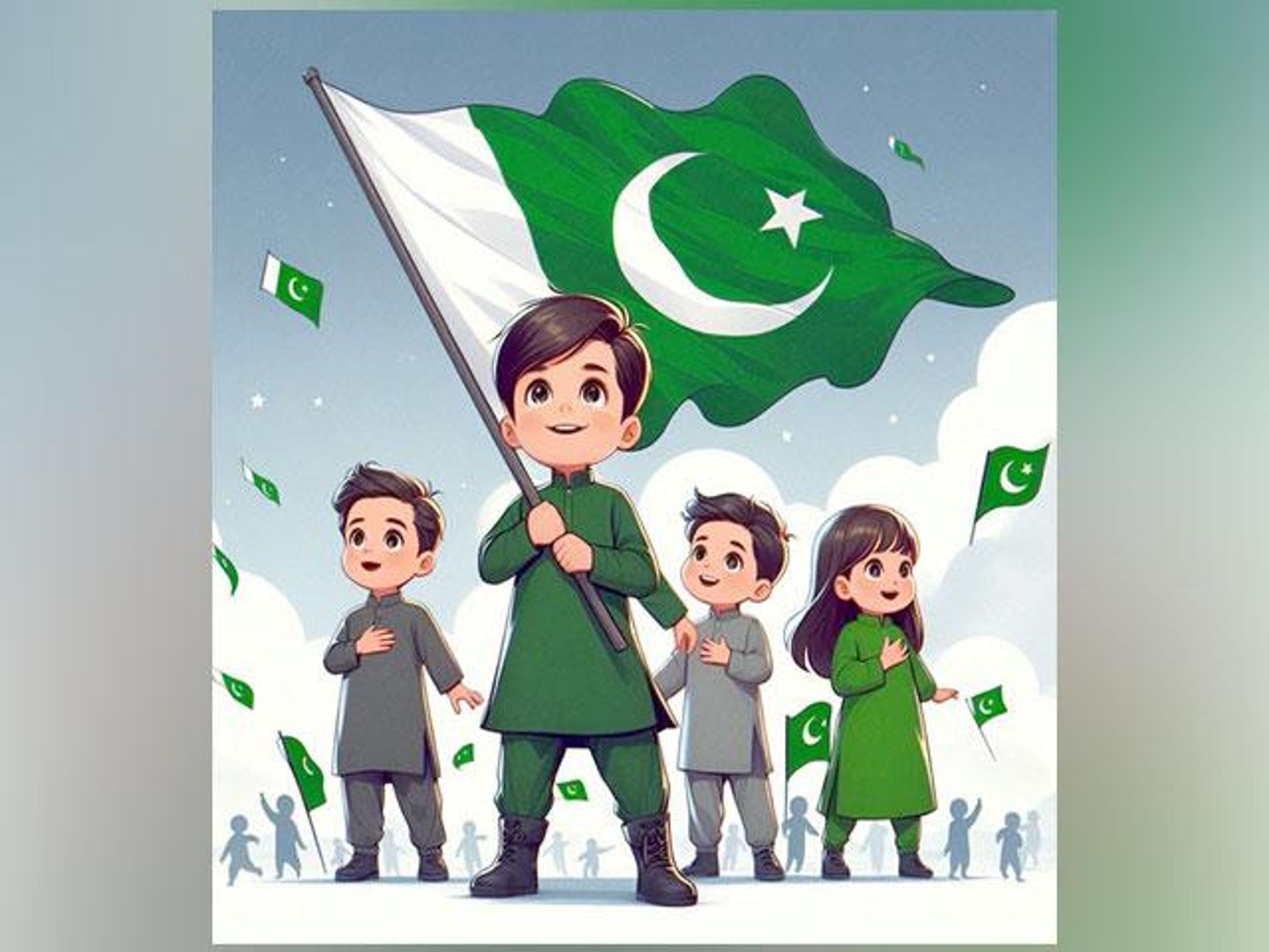 Cartoon children celebrating Pakistan with flags, led by a boy holding a large Pakistan flag.