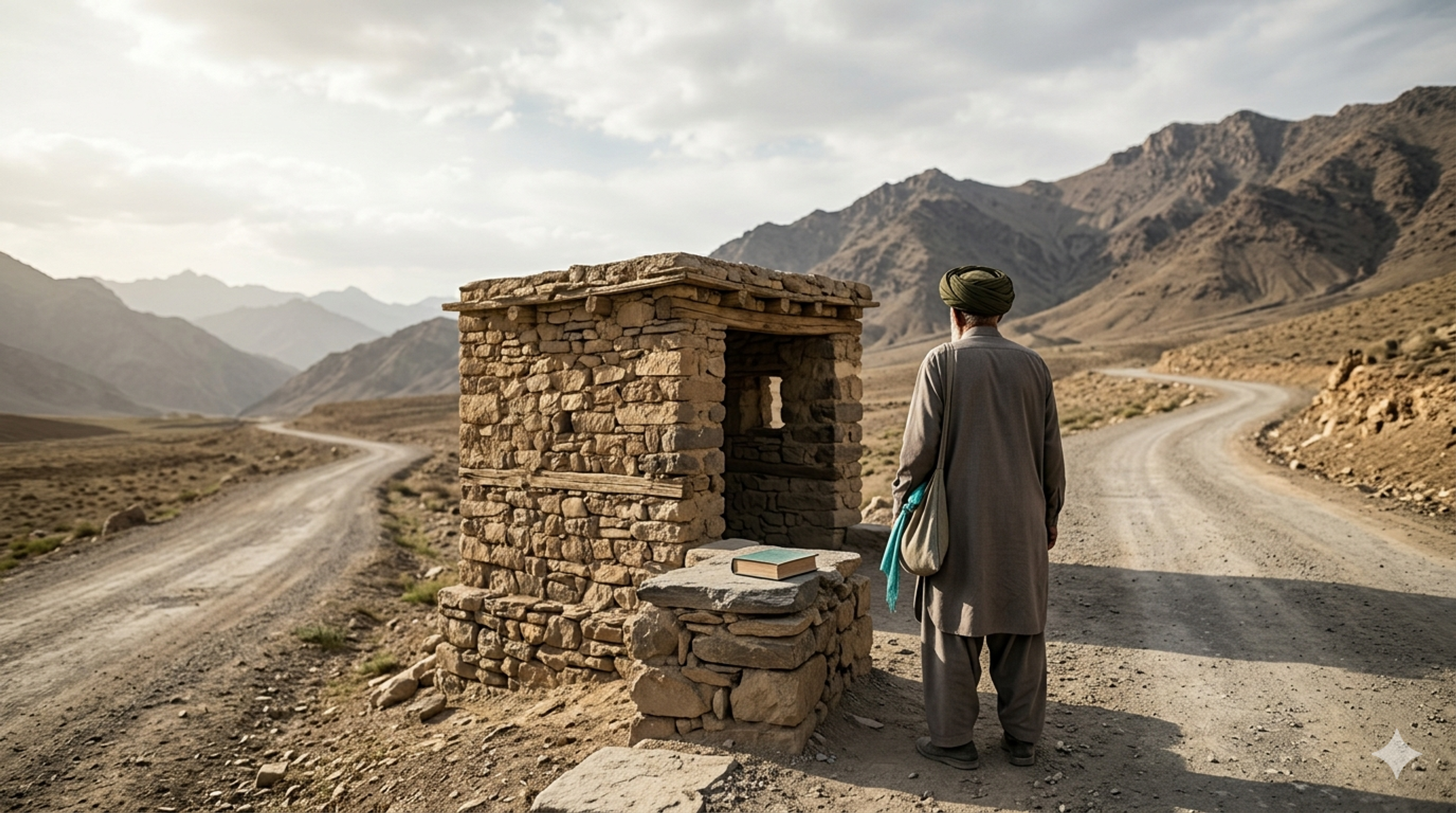 A man in a turban stands by a stone shelter with a book, looking down a winding dirt road through a mountain valley.