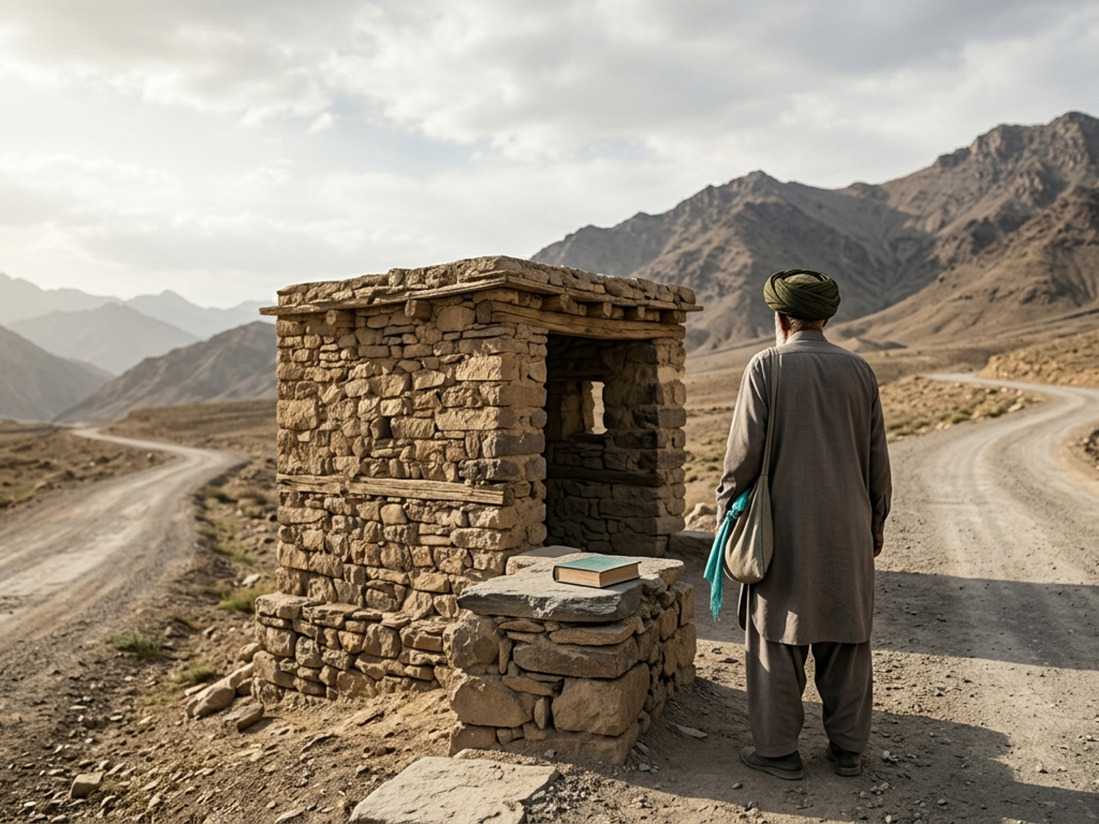 A man in a turban stands by a stone shelter with a book, looking down a winding dirt road through a mountain valley.