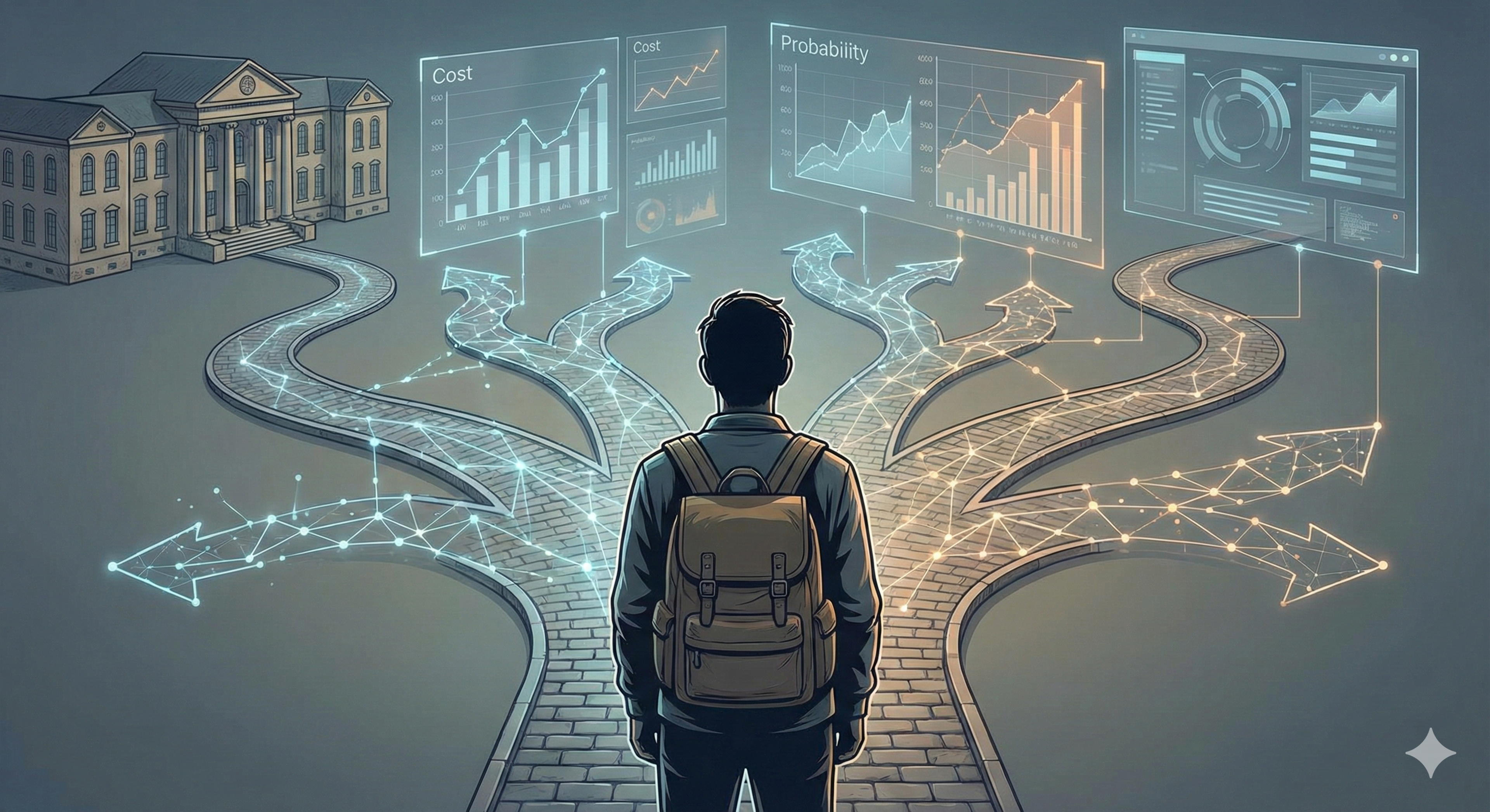 A person with a backpack stands at a glowing crossroads, evaluating choices with holographic screens showing cost and probability data, one path leading to a grand building.