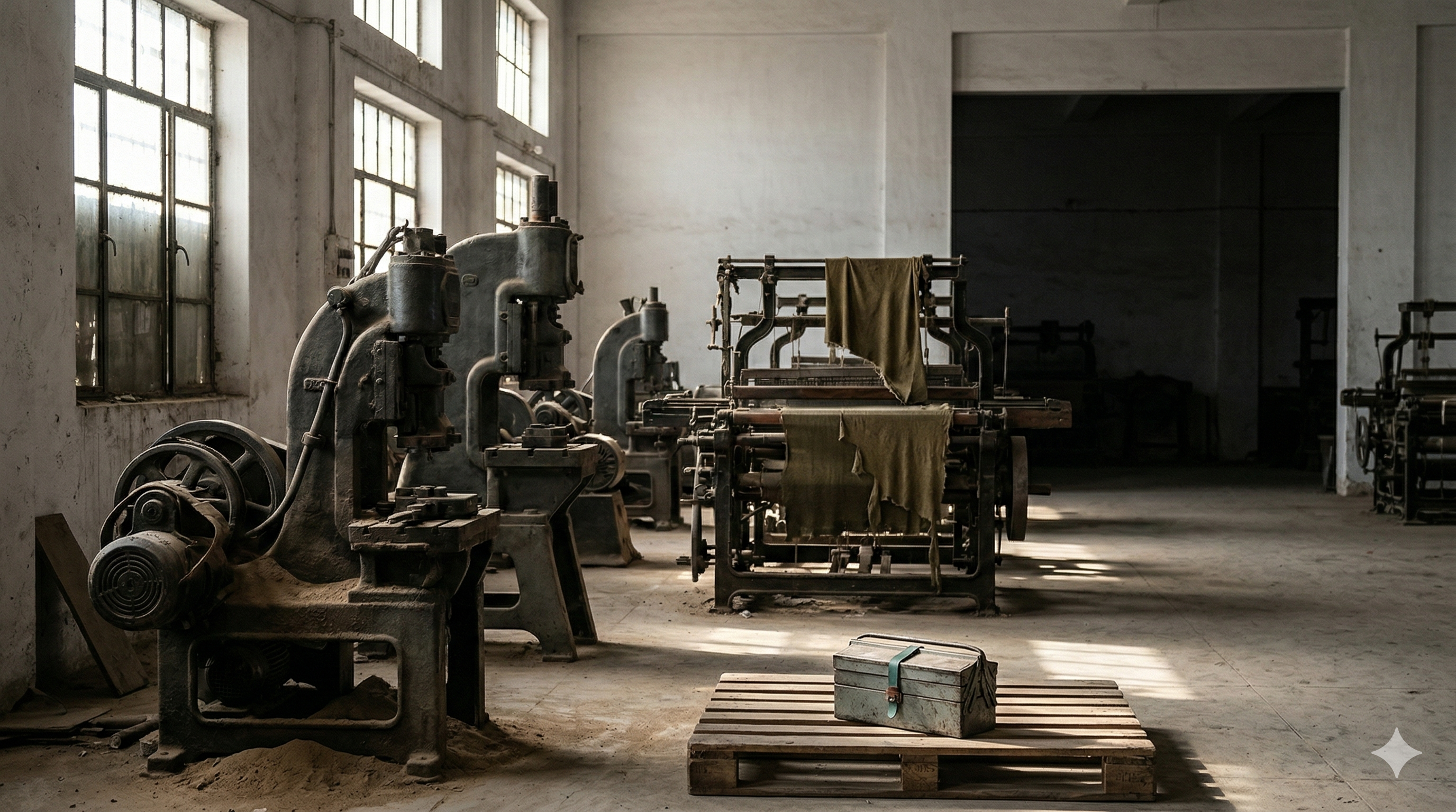 Interior of an old, abandoned factory with rows of heavy machinery and textile looms draped with fabric, illuminated by natural light from large windows.