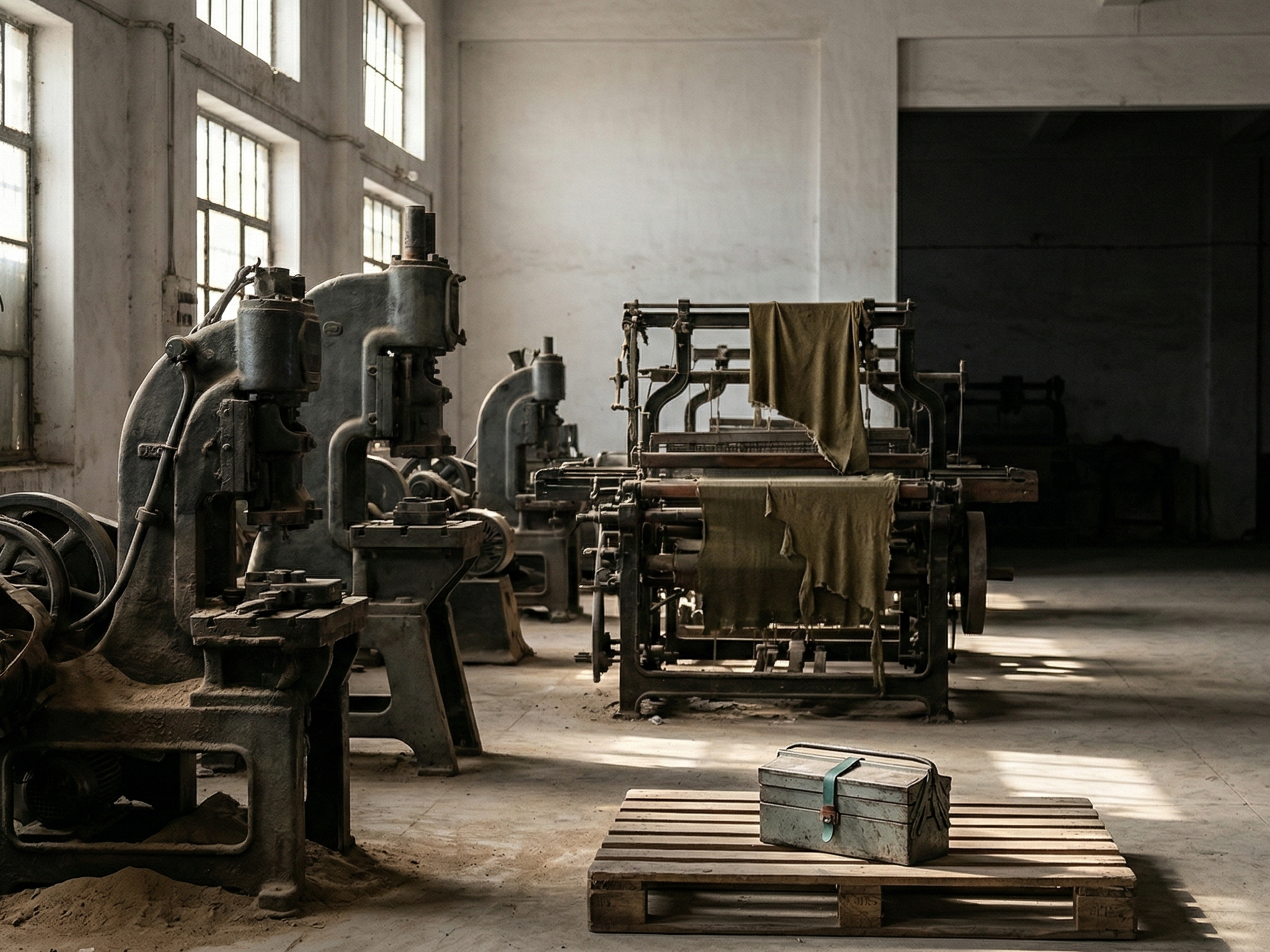 Interior of an old, abandoned factory with rows of heavy machinery and textile looms draped with fabric, illuminated by natural light from large windows.