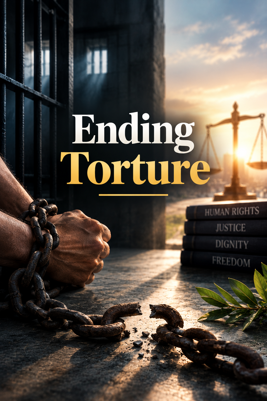 Hands freed from broken chains, a prison cell, scales of justice, and books on human rights, with the text 'Ending Torture'.