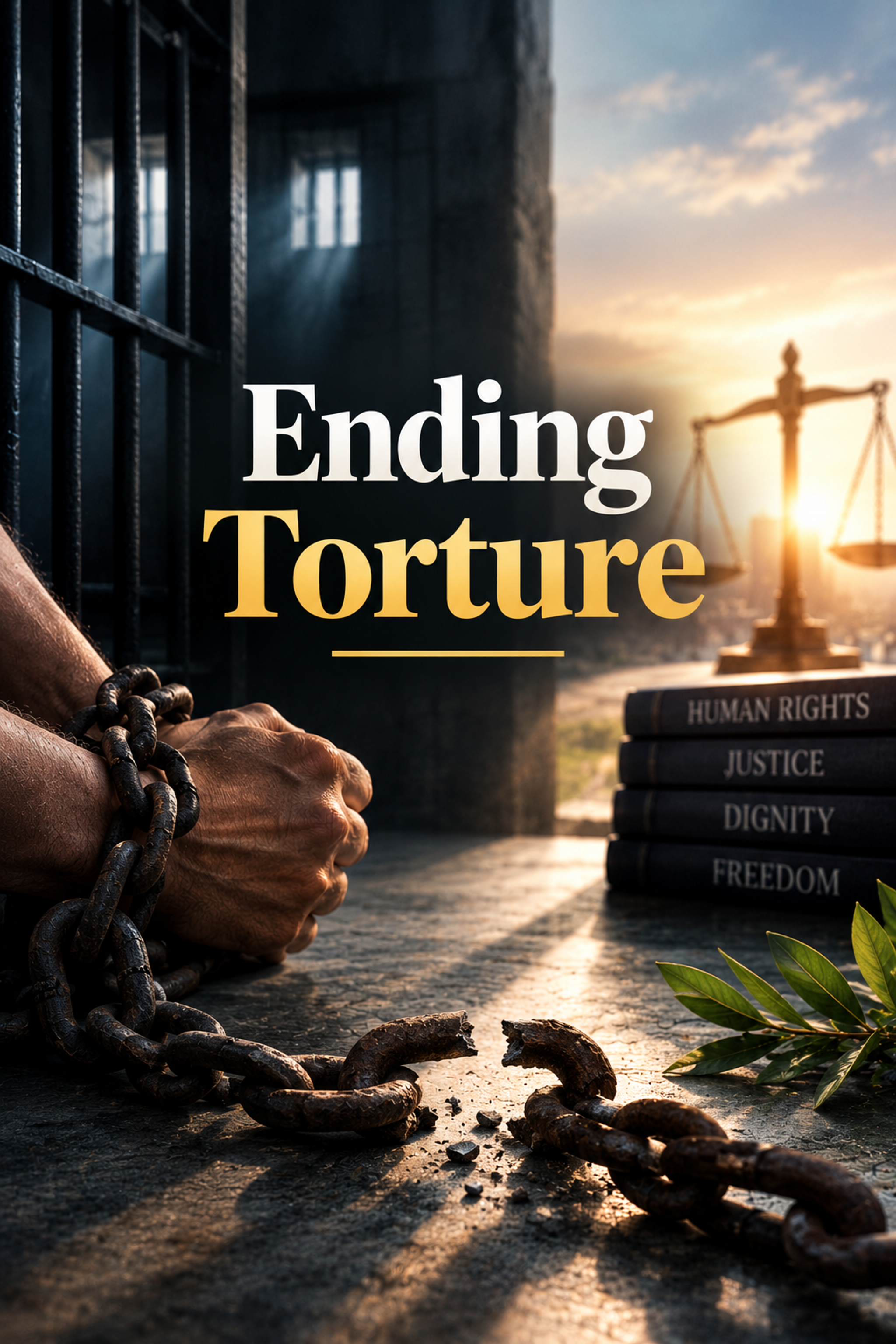 Hands freed from broken chains, a prison cell, scales of justice, and books on human rights, with the text 'Ending Torture'.