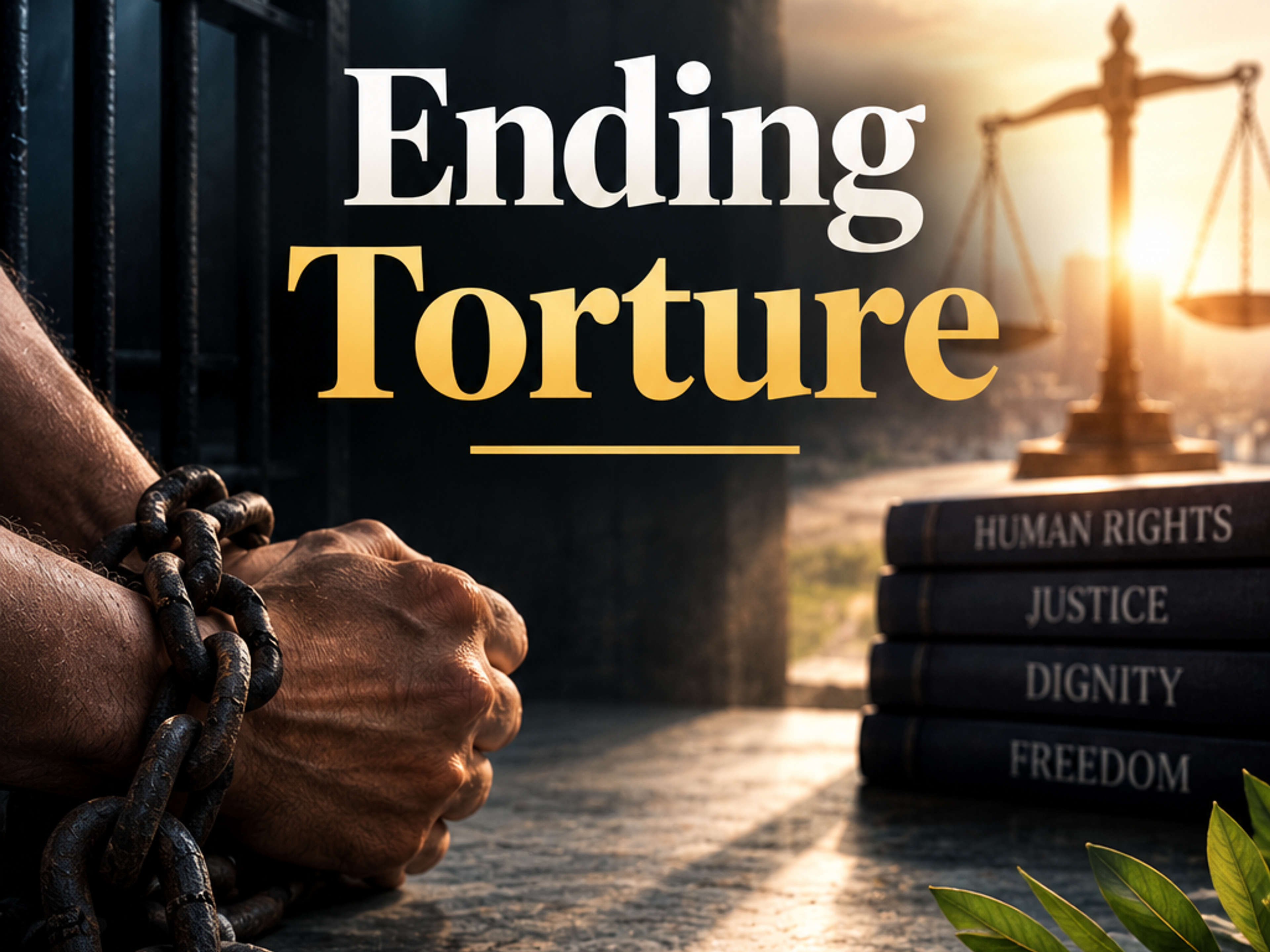 Hands freed from broken chains, a prison cell, scales of justice, and books on human rights, with the text 'Ending Torture'.