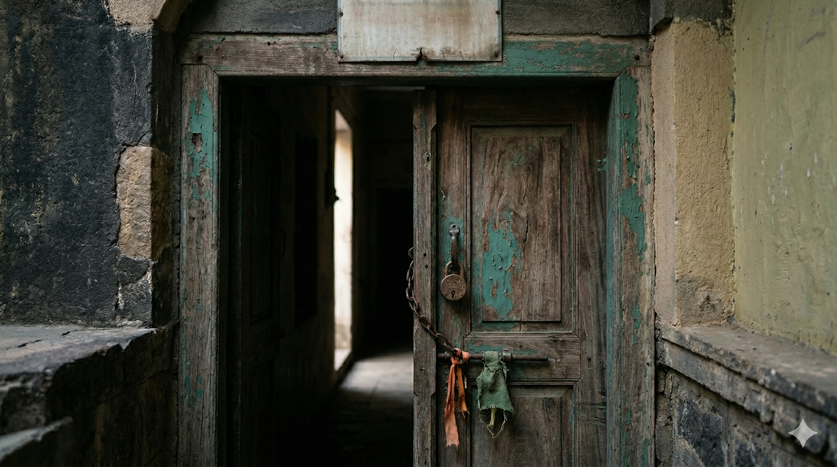An old, partially open wooden door with peeling green paint, secured by a padlock and chain, reveals a dark interior.