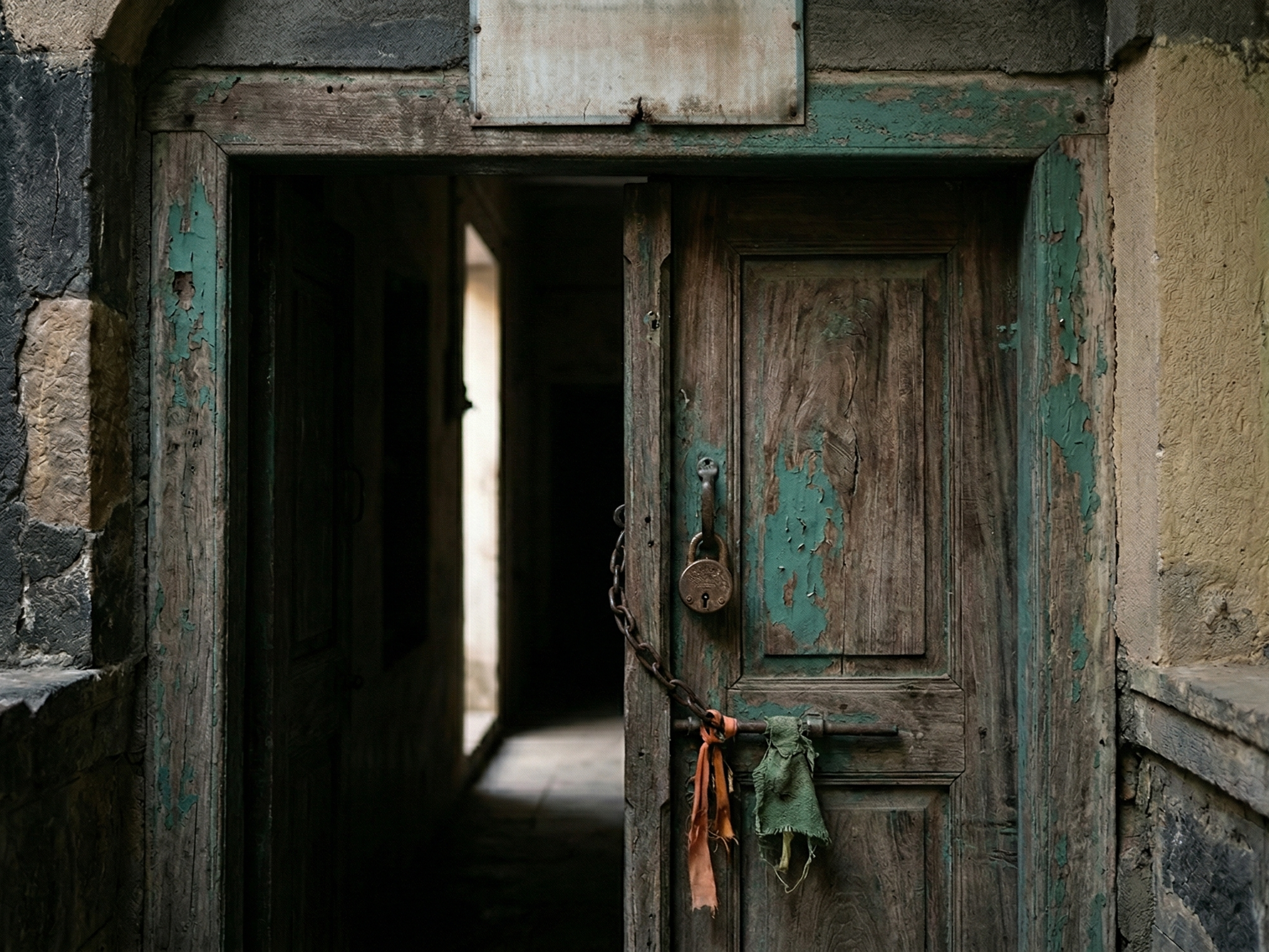 An old, partially open wooden door with peeling green paint, secured by a padlock and chain, reveals a dark interior.